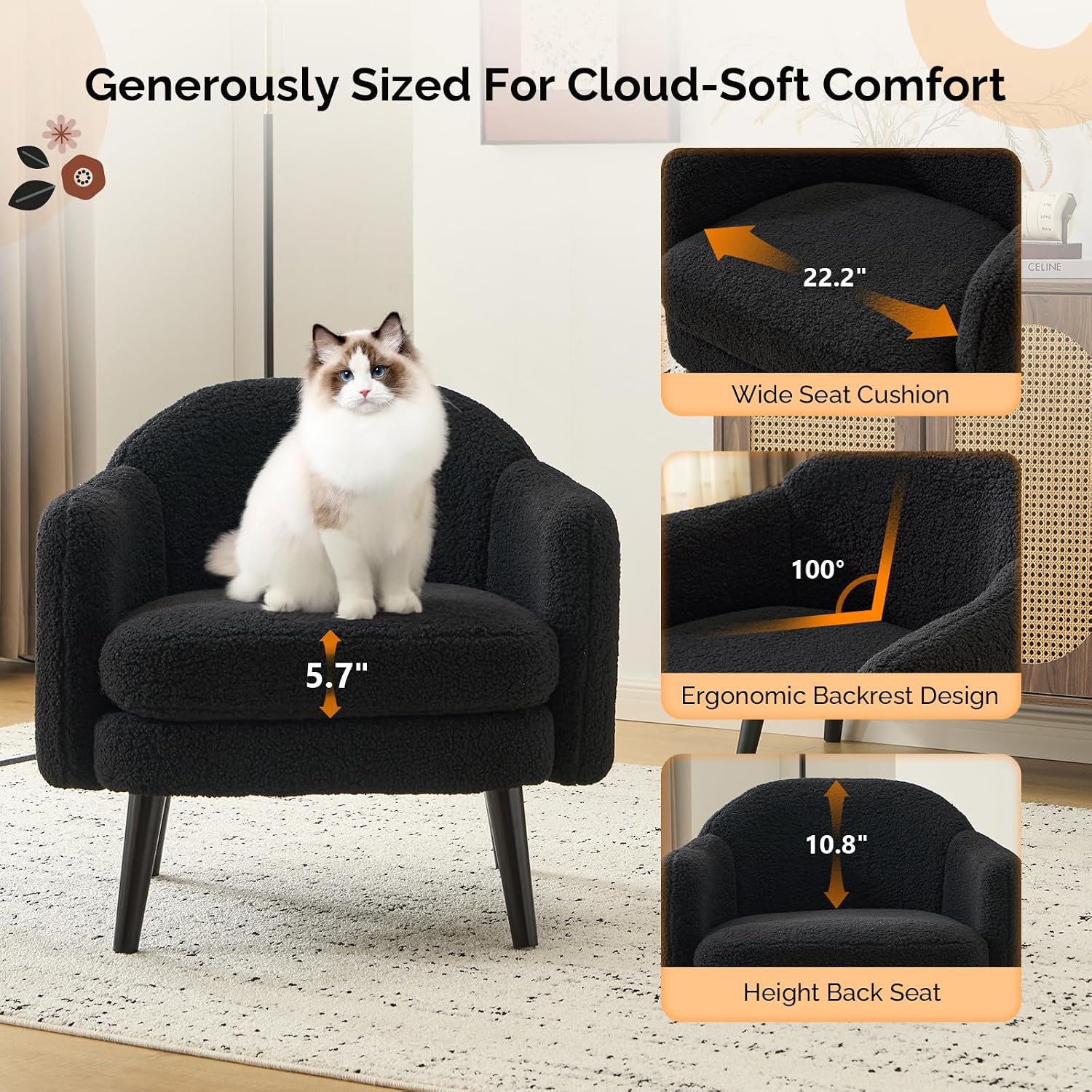 VINGLI 30.3' Wide Modern Barrel Accent Armchairs Set of 2 with Track Armrest, Solid Wooden Legs, Comfy Upholstered Club Chairs, Single Home Sofa for Living Room, Bedroom, Reading,Teddy Fleece Black