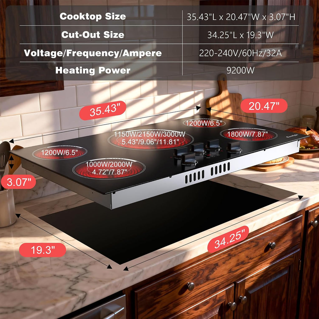 Upgraded 36 Inch Electric Cooktop 5 Burners - Powerful 9200W Built-in(34.25'x19.3') Electrical Stove, Electric Cook Top 30 In Knob Control, 99 Minutes Timer, Safety Lock, 220-240V Hard Wired