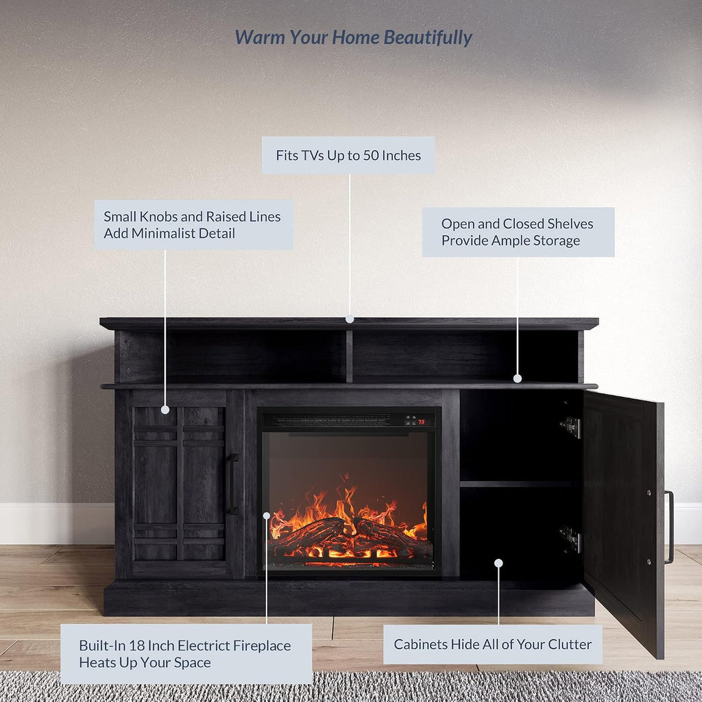 BELLEZE 48' TV Stand with 18' Electric Fireplace Heater, Modern TV Stand for TVs up to 50', Entertainment Media Stand with Open Shelves and Storage Cabinets for Living Room, Bedroom (Rustic Grey)