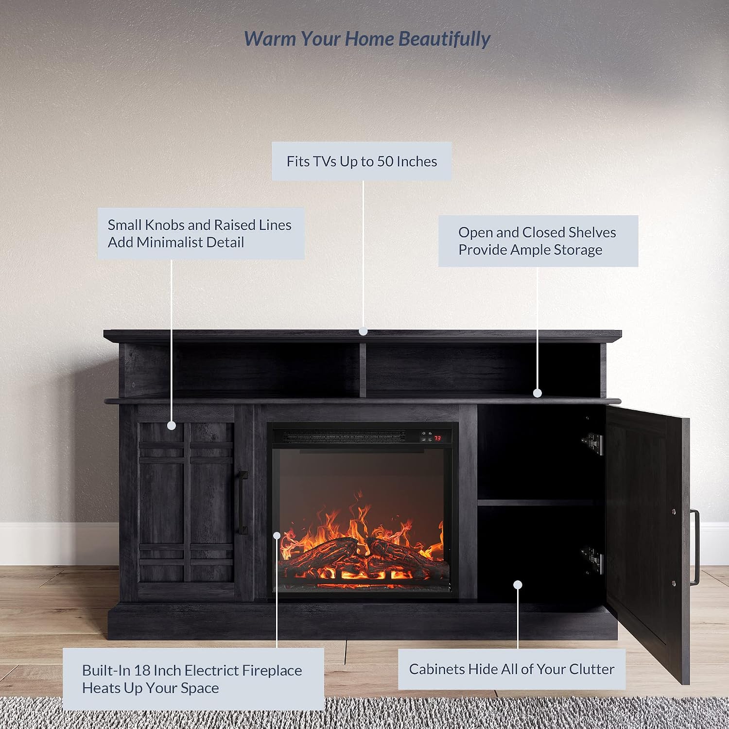 BELLEZE 48' TV Stand with 18' Electric Fireplace Heater, Modern TV Stand for TVs up to 50', Entertainment Media Stand with Open Shelves and Storage Cabinets for Living Room, Bedroom (Rustic Grey)