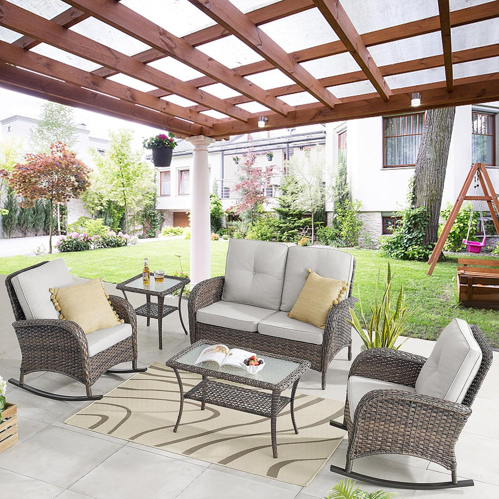 Belord Patio Wicker Furniture with Rocking Chairs Loveseat, 5 Piece Rattan Furniture Outdoor Table and Rocking Chairs Set for Patio Deck Porch Backyard Brwon/Beige
