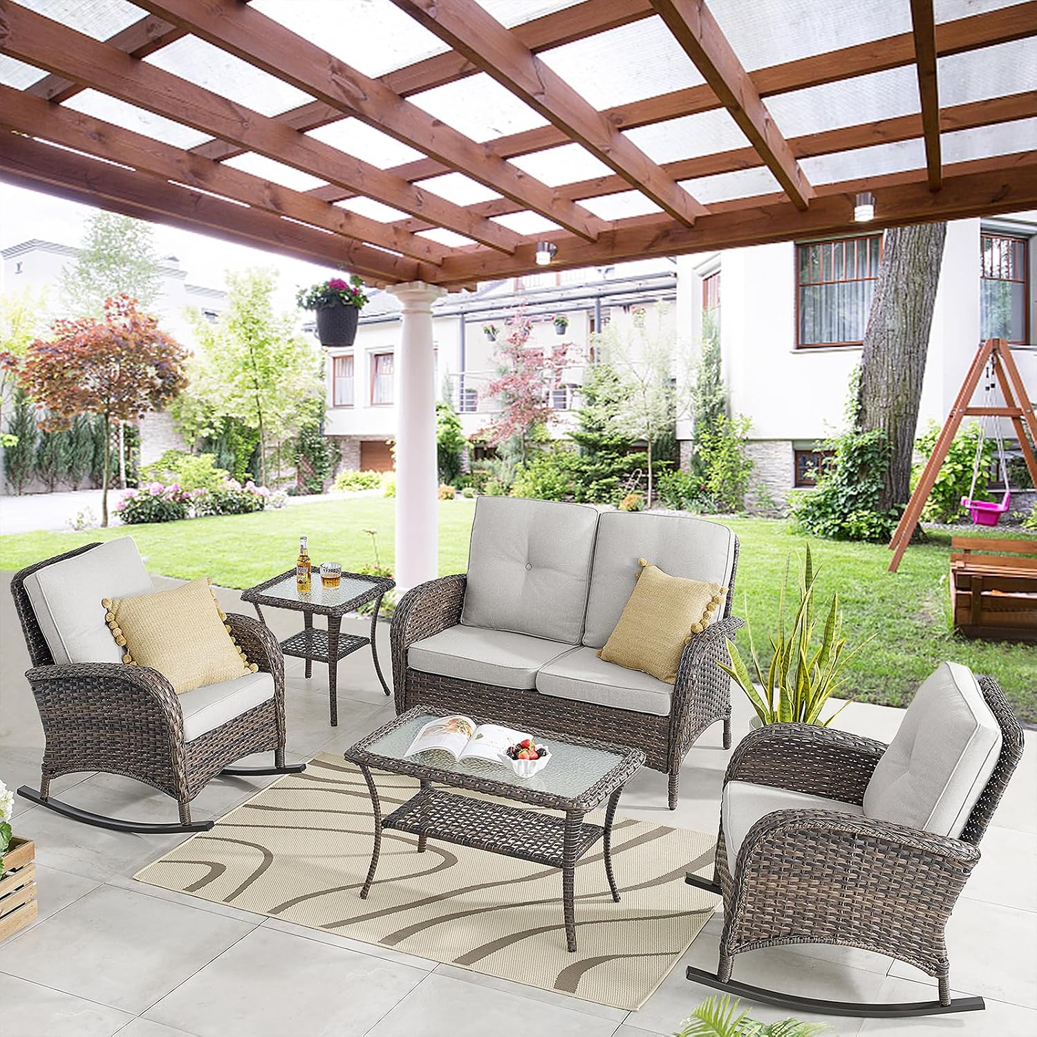 Belord Patio Wicker Furniture with Rocking Chairs Loveseat, 5 Piece Rattan Furniture Outdoor Table and Rocking Chairs Set for Patio Deck Porch Backyard Brwon/Beige