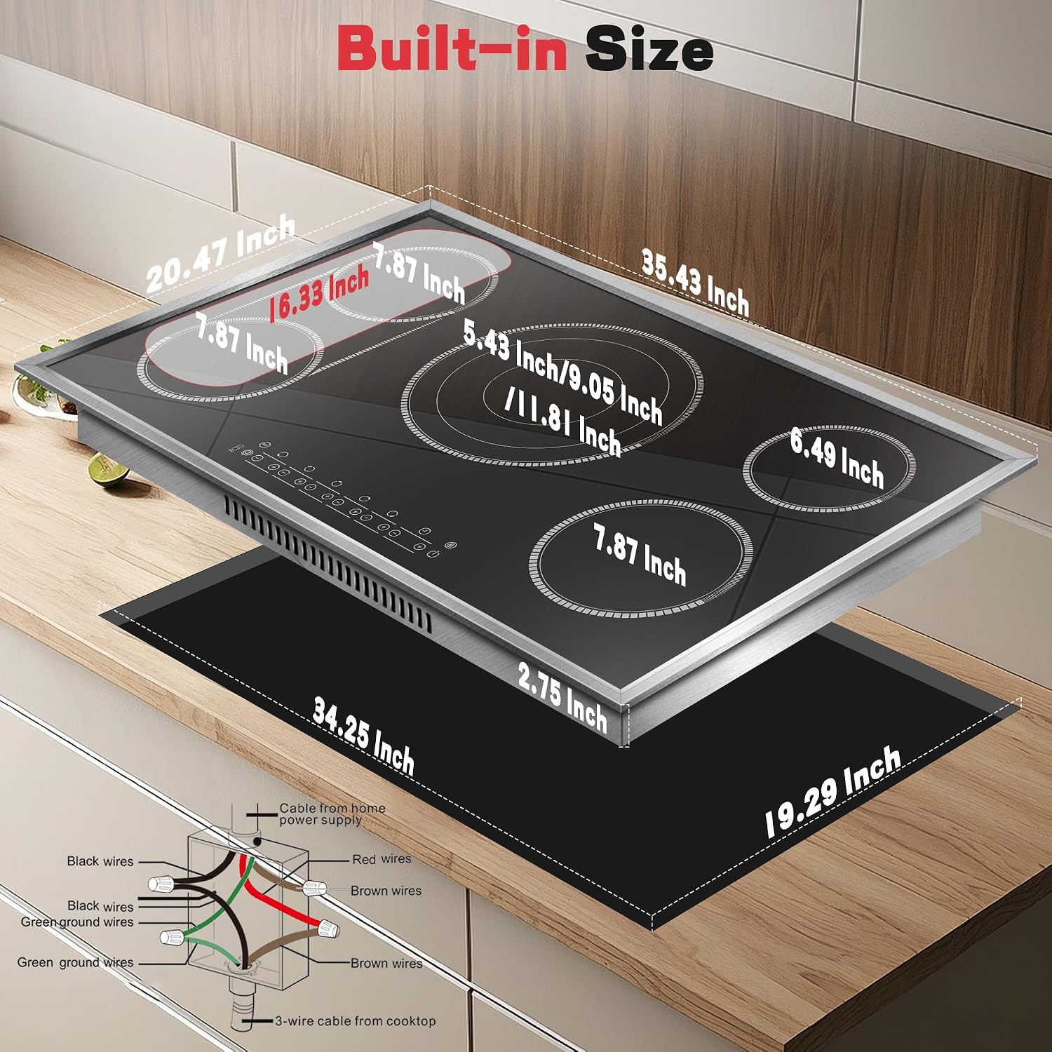 36 Inch Electric Cooktop, 5 Burner Stove Top Touch Control, 36' Glass Ceramic Stove Top 9600W with BBQ & Flexible Zone, Child Lock, Timer, Overheat Protection, 220-240V Hard Wired (No Plug)