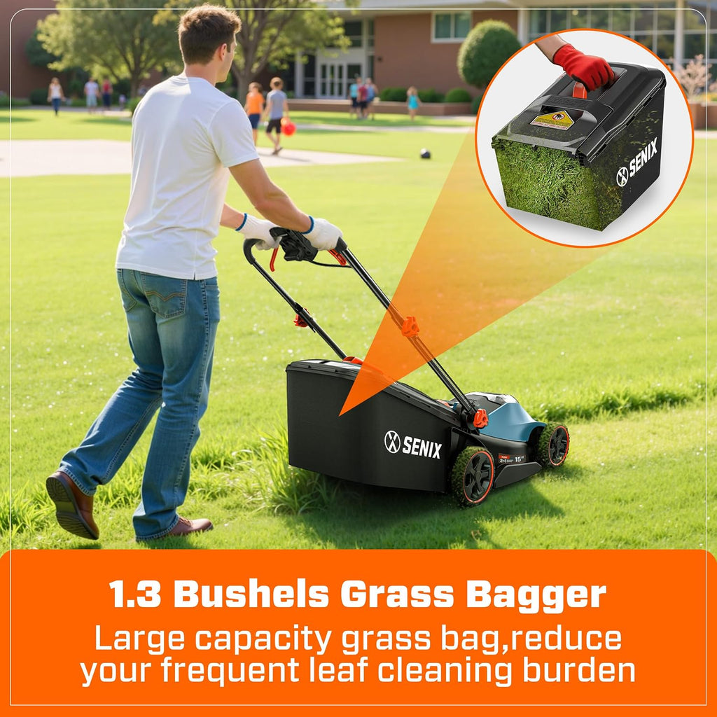 SENIX 40V Max* 15'' Battery Powered Lawn Mower - 1.3 Bushels Grass Bag, 2 X2 4Ah Batteries & 3.0A Charger Included (LPPX2-M4)