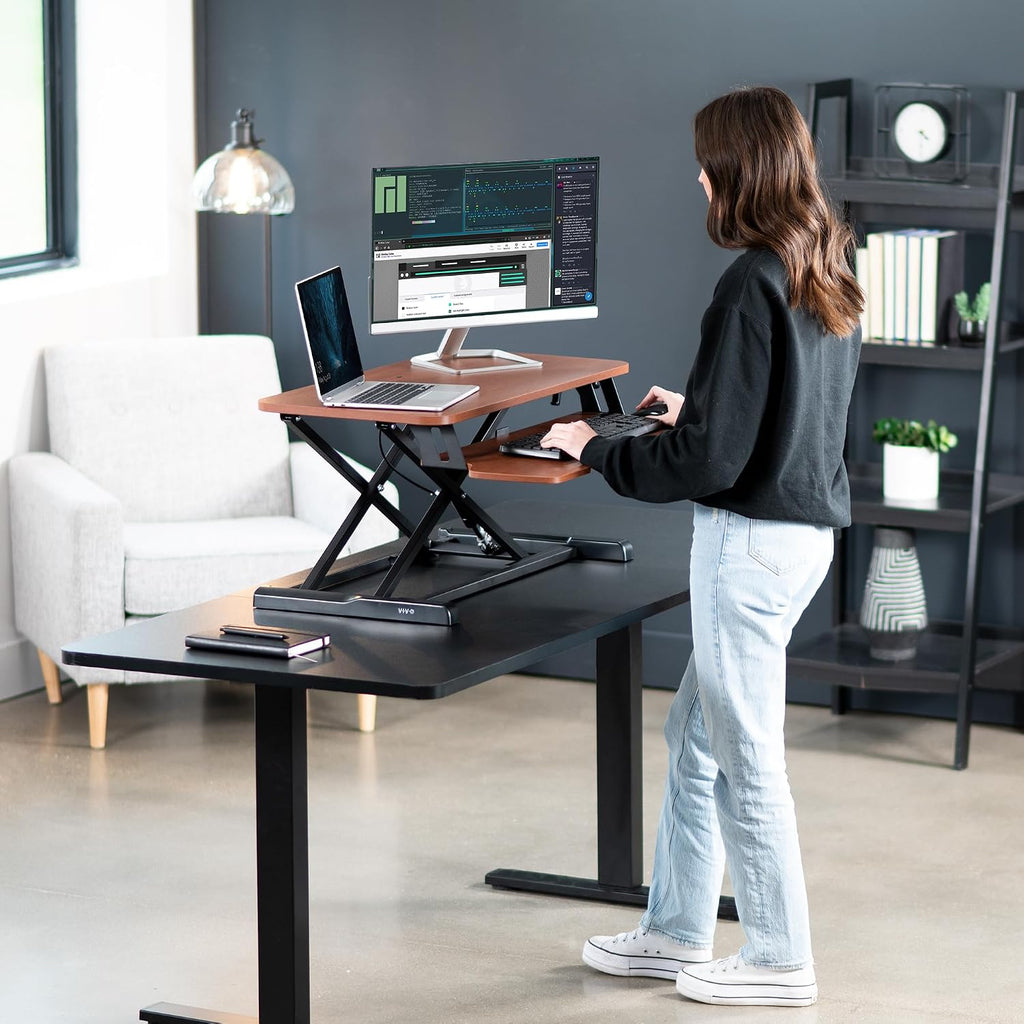VIVO 32 inch Desk Converter, K Series, Height Adjustable Sit to Stand Riser, Dual Monitor and Laptop Workstation with Wide Keyboard Tray, Dark Walnut Top, Black Frame, DESK-V000KA