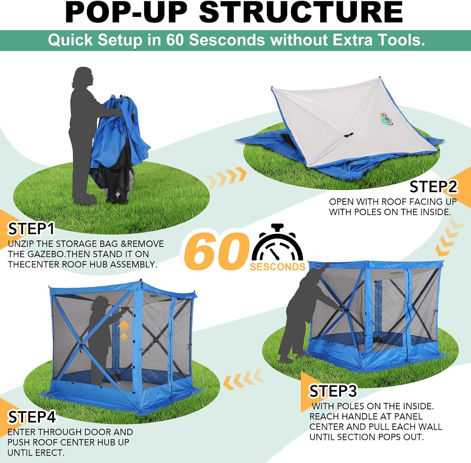 COBIZI 6x6 FT Pop up Gazebo, Popup Canopy Tent, Screened in Gazebos, Waterproof Portable Outdoor Small Screen Tents Sun Shelter,carpas para Patio for Camping, Garden and Backyard,Blue