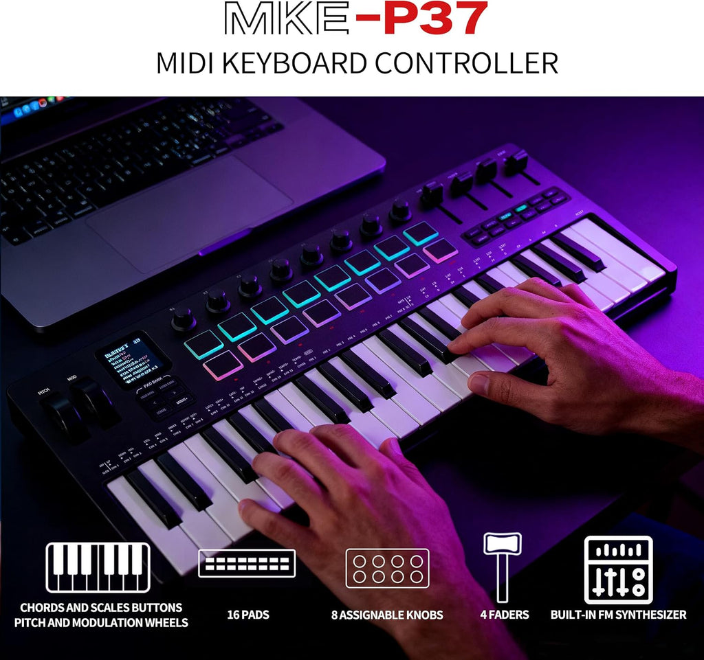 EROK 37 Keys MIDI Keyboard Controller with 3.5mm MIDI Output, 16 Backlit Drum Pads, 8 Knobs, DAW Integration & Arpeggiator, Music Production Equipment and Studio Controller (Black)