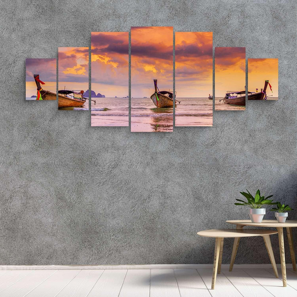Startonight Large Canvas Wall Art Beach - Boats on the Morning Ocean - Huge Framed Modern Set of 7 Panels 40' x 95'