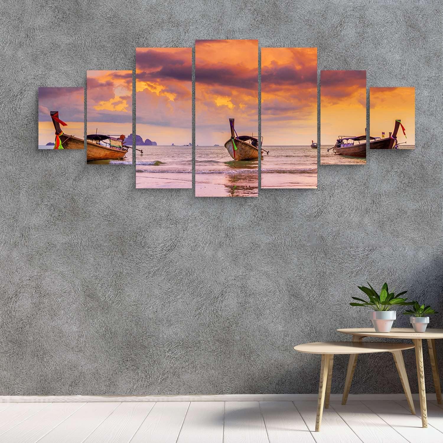 Startonight Large Canvas Wall Art Beach - Boats on the Morning Ocean - Huge Framed Modern Set of 7 Panels 40' x 95'