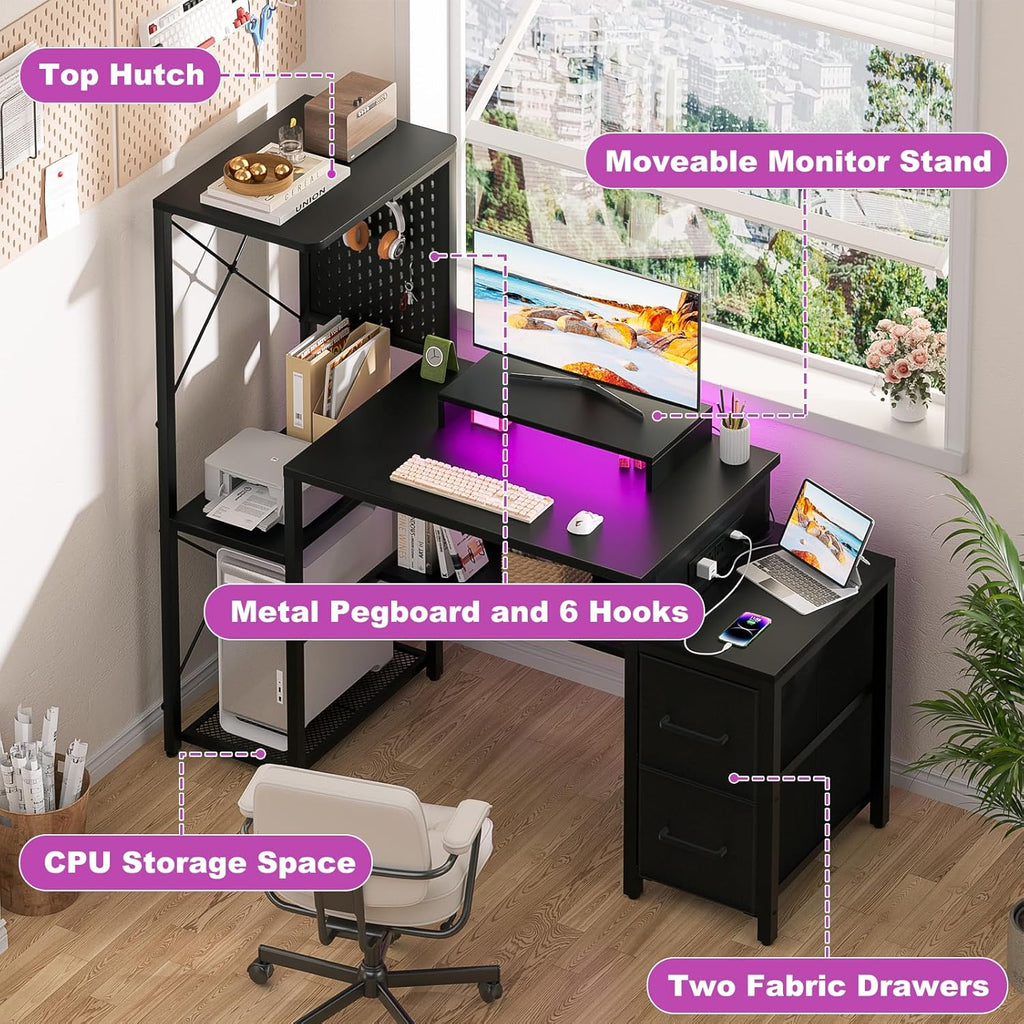 Small Gaming Desk with 2 Fabric Drawers - Reversible Computer Desk with Power Outlet & LED Lights, 49' Office Desk with Monitor Stand & Storage Shelves, Writing Study Table with Pegboard, Black
