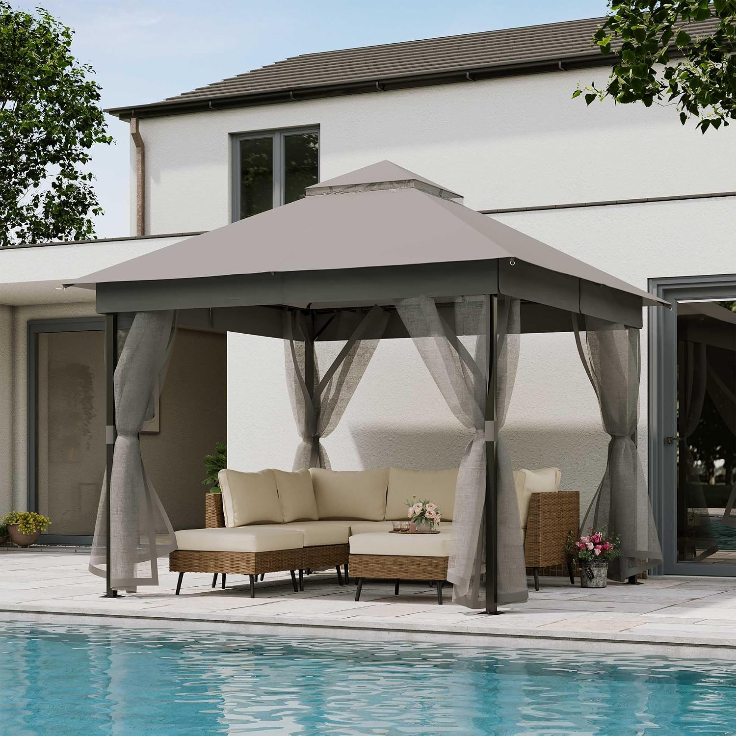 LAUSAINT HOME 10'x10' Waterproof Patio Gazebo with Mosquito Netting, Double Roof Outdoor Gazebo Pavilion Shelter for Backyard, Garden, Lawn, Wedding (Grey)