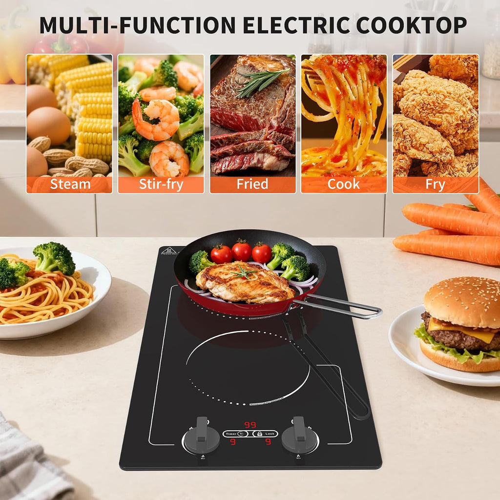 GIHETKUT Double Induction Cooktop, 110V 2300W hot plate with LED Touch Screen, 9 Power Levels, Kids Lock & Timer, Overheat Protection, knob and touch control 2 burner Induction cooktop