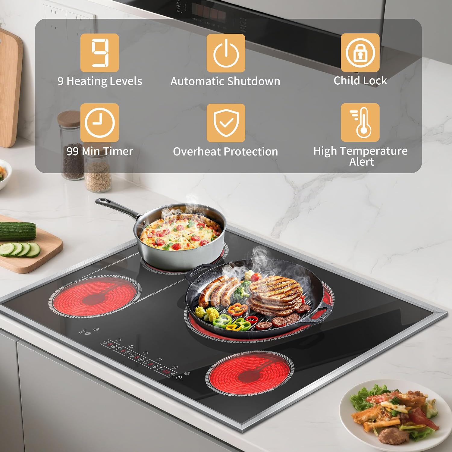 30 Inch Electric Cooktop, 4 Burner Electric Stove Top with Touch Control, 7800W Built-In Glass Stovetop with BBQ & Expandable Zone, 9-Level Adjustable, Child Lock, Timer, 220V-240V Hardwire