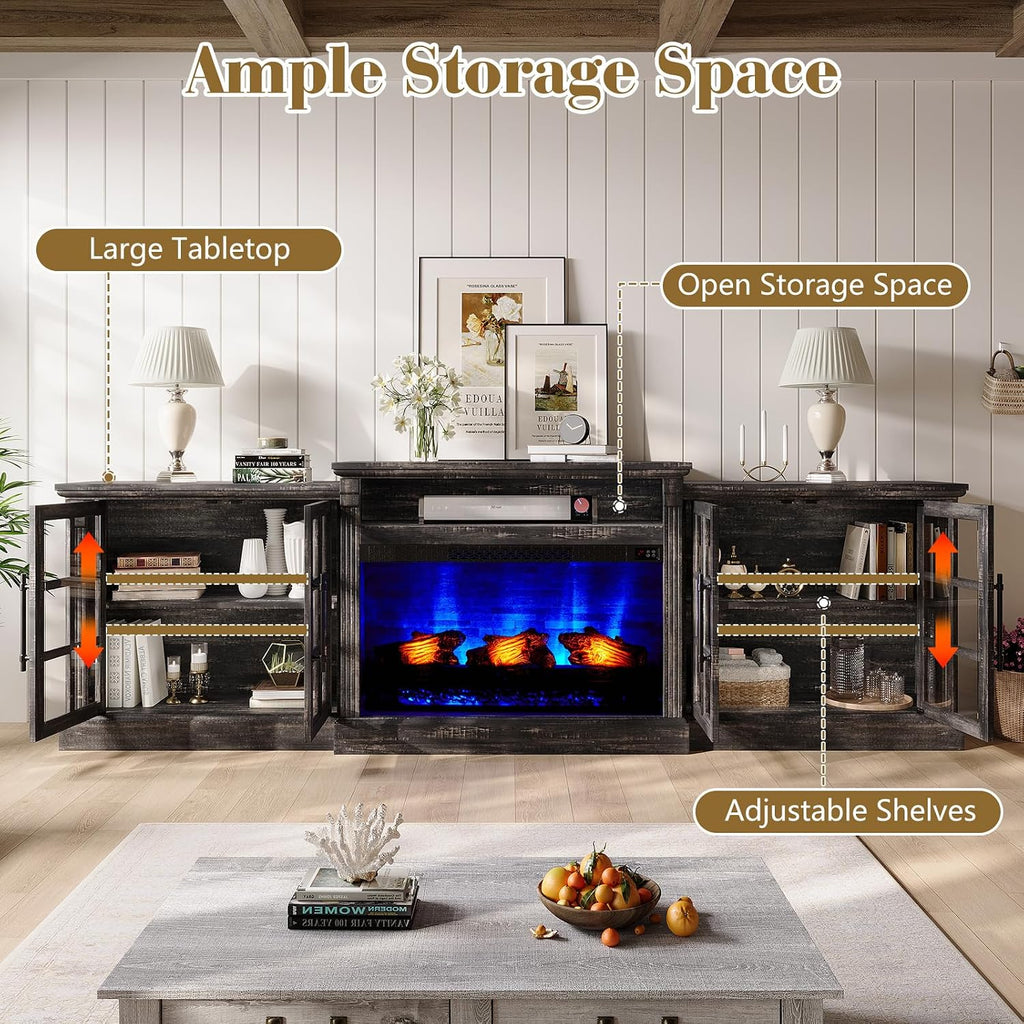 LUXOAK 97' Farmhouse TV Stand with 33' Fireplace for TVs up to 100', Media Entertainment Center with Large Storage Cabinet and Adjustable Shelves for Living Room, Rustic Black