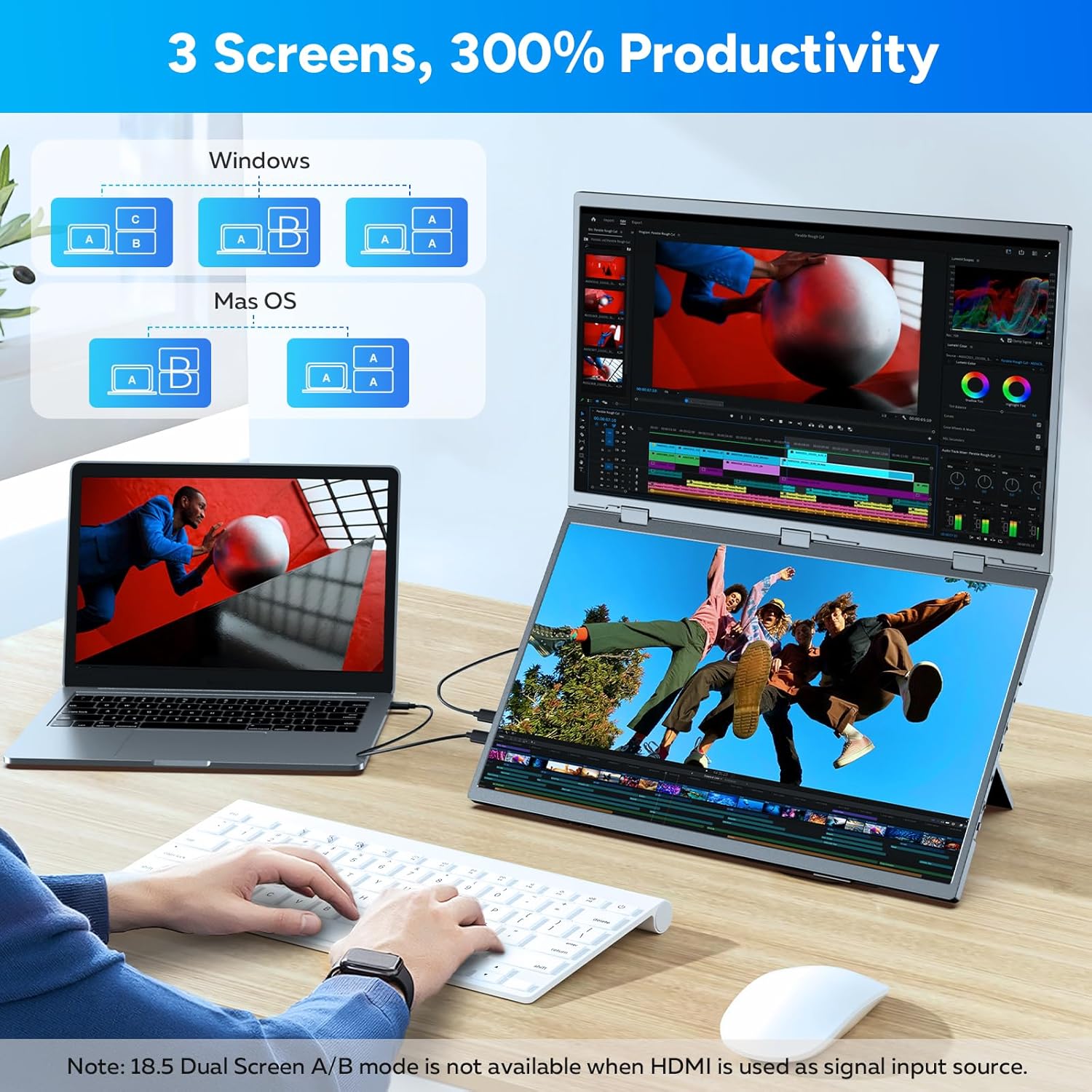 COOLHOOD 18.5 Inch Portable Monitor for Laptop, 1080P FHD 120Hz 125% sRGB USB-C HDMI Travel Monitor for Laptop Mac PC, Portable Screen with Smart Cover, VESA Compatible