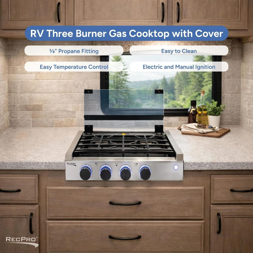 RecPro RV Built In Gas Cooktop | 2 Burner or 3 Burner | RV Cooktop Stove | 6,500 and 8,000 BTU Burners | Cover Included (3 Burner Black)