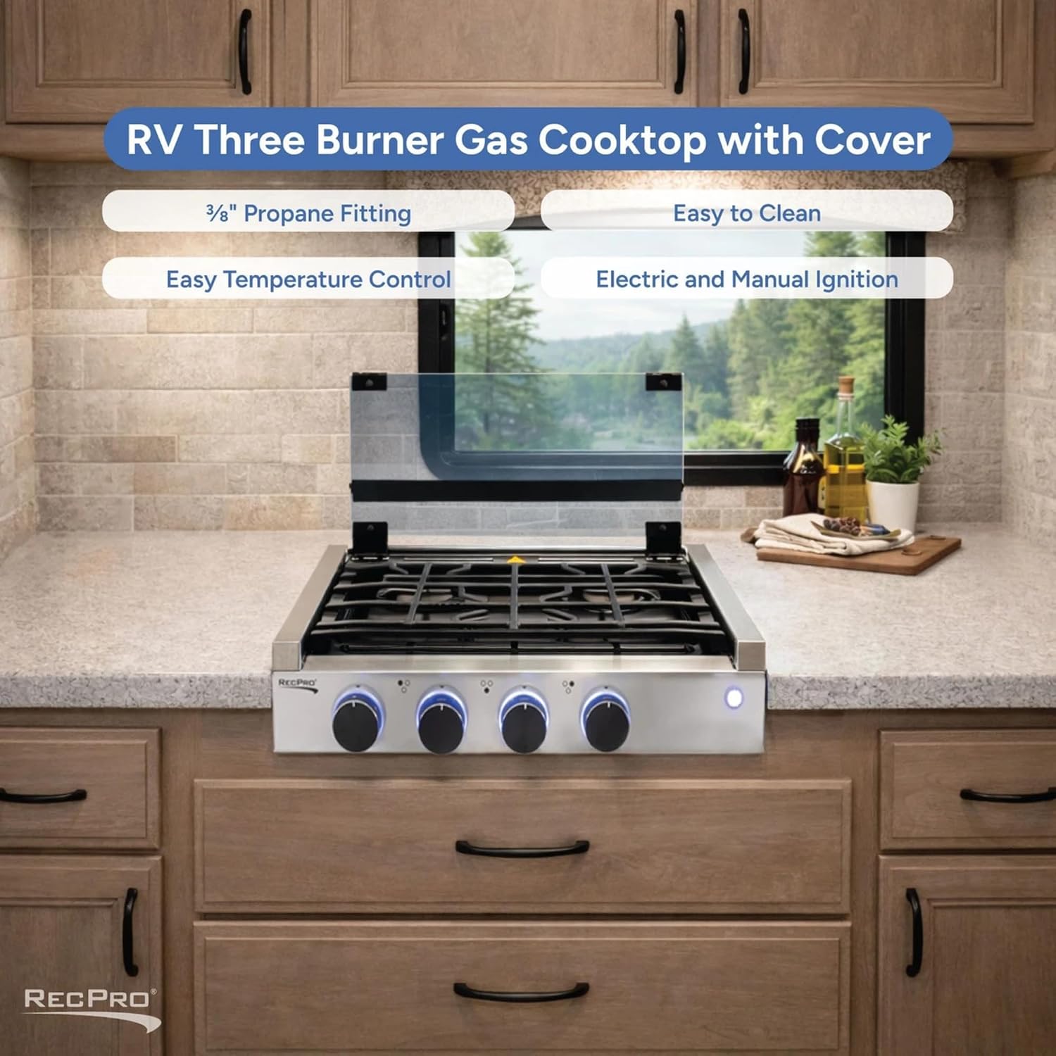 RecPro RV Built In Gas Cooktop | 2 Burner or 3 Burner | RV Cooktop Stove | 6,500 and 8,000 BTU Burners | Cover Included (3 Burner Black)
