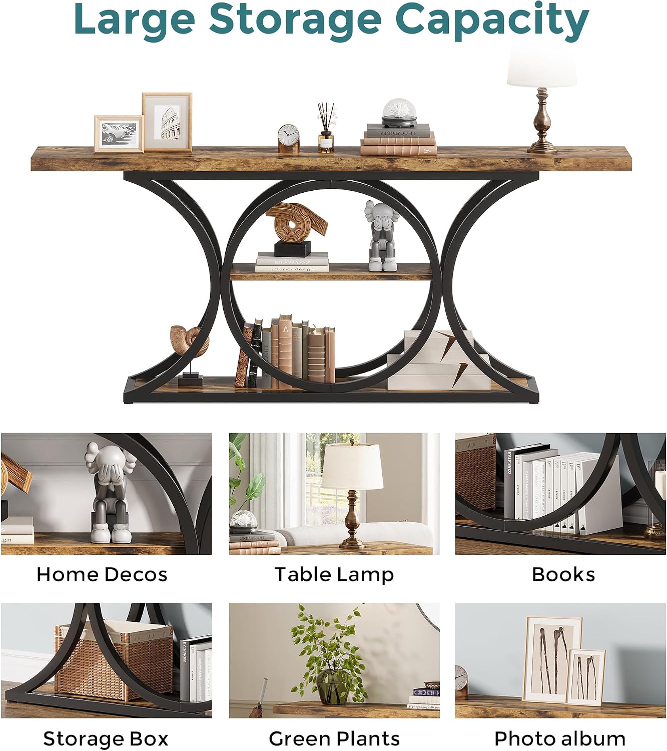 63 inch Extra Long Sofa Table, Rustic Industrial Entry Console Table, Behind Couch Table with Black Metal Frame, 3 Tier Storage Shelves for Hallway, Entryway & Living Room, Brown & Black