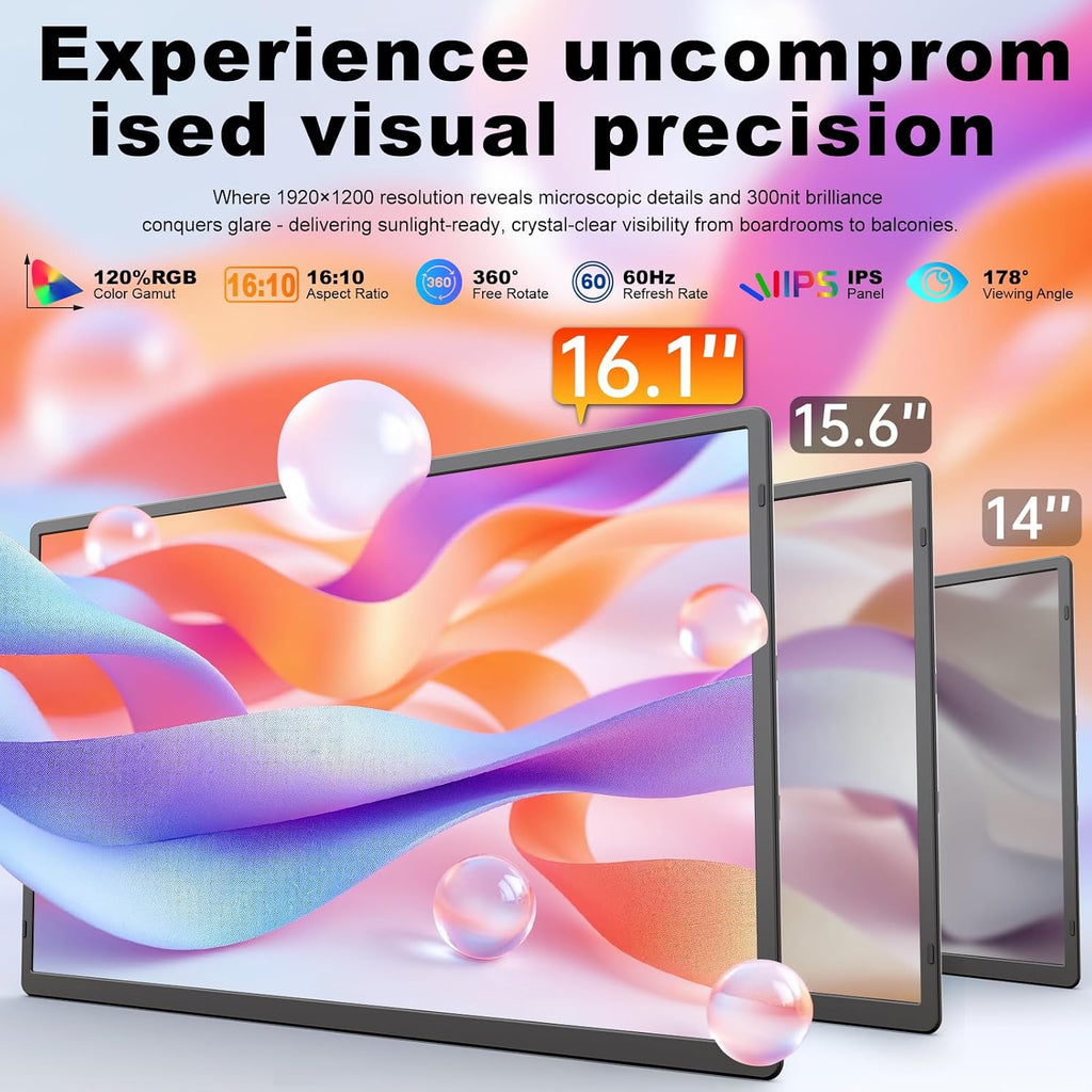 domyfan 16.1'' Laptop Screen Extender, 360° Rotating Detachable Stand/VESA Support, FHD 1200P IPS Portable Monitor, Plug & Play with HDMI/USB-A/Type-C, Compatible Win/Mac/Android