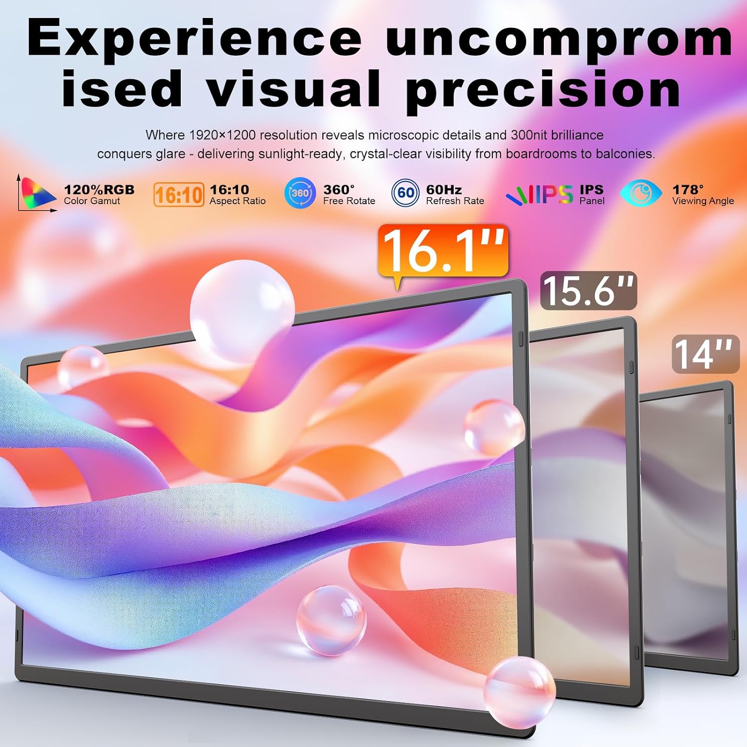 domyfan 16.1'' Laptop Screen Extender, 360° Rotating Detachable Stand/VESA Support, FHD 1200P IPS Portable Monitor, Plug & Play with HDMI/USB-A/Type-C, Compatible Win/Mac/Android