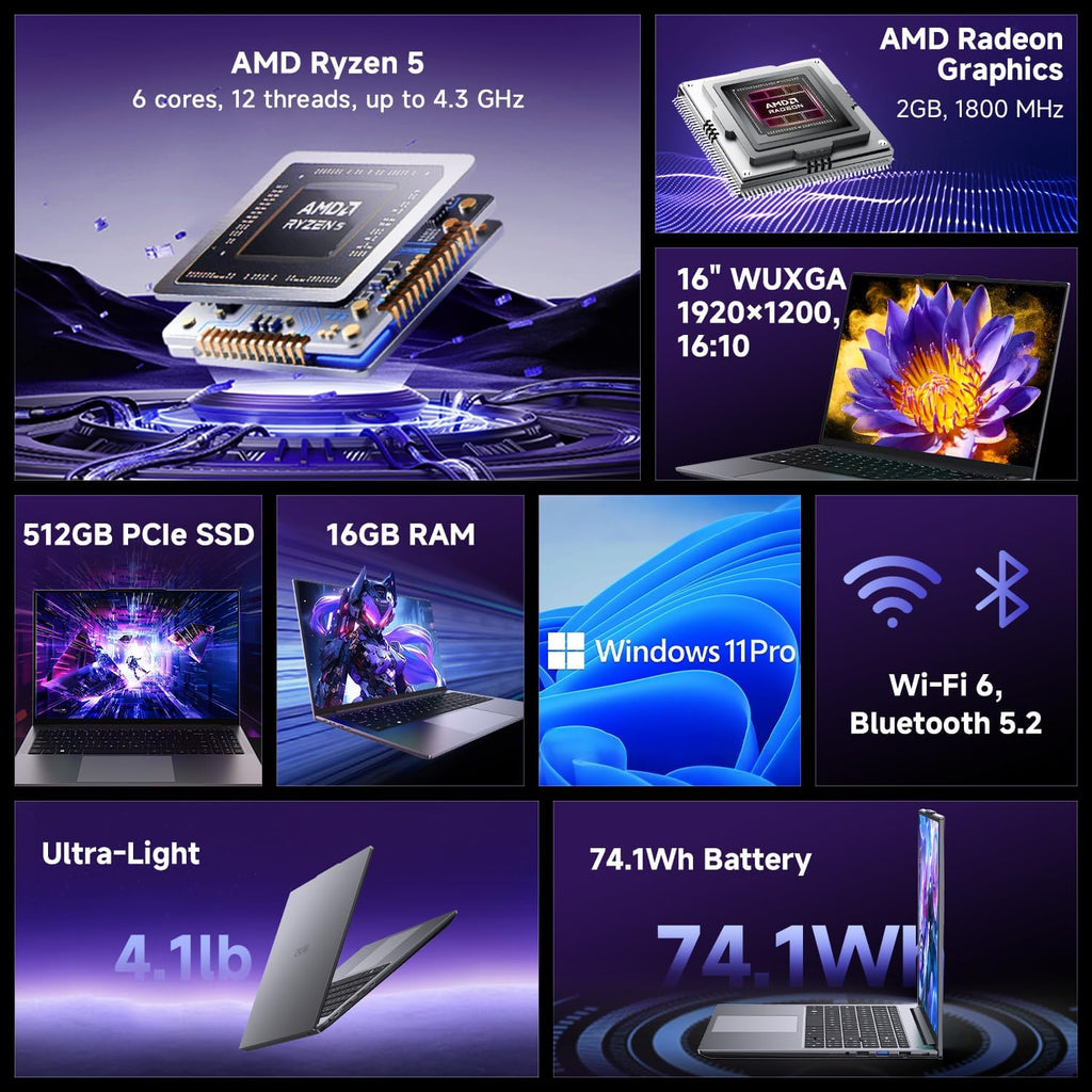 CHUWI Gaming Laptop 16'', AMD Ryzen 5 (Beat i7-1355U), 16GB RAM 512GB SSD, Windows 11 Pro Laptop with Office, IPS 2K Display, Backlit Keyboard, 74.1Wh, WiFi 6, BT 5.2, 4K HDMI