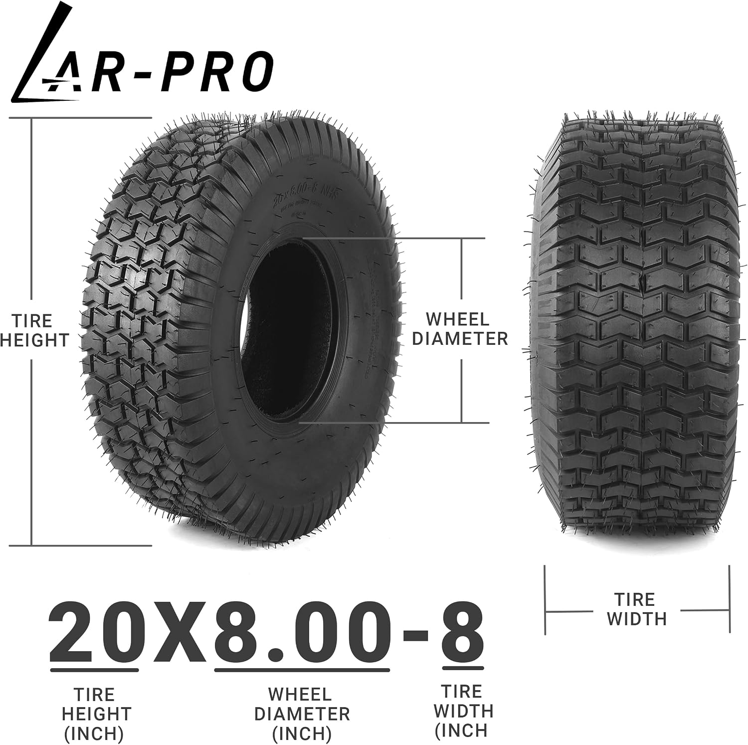 AR-PRO 20x8.00-8 Lawn Tractor Riding Mower Turf Tires – Heavy-Duty 4 Ply Tubeless Tire Replacement for Zero Turn Mowers, ATVs, Garden Tractors, Golf Carts – Set of 2 – No Rim