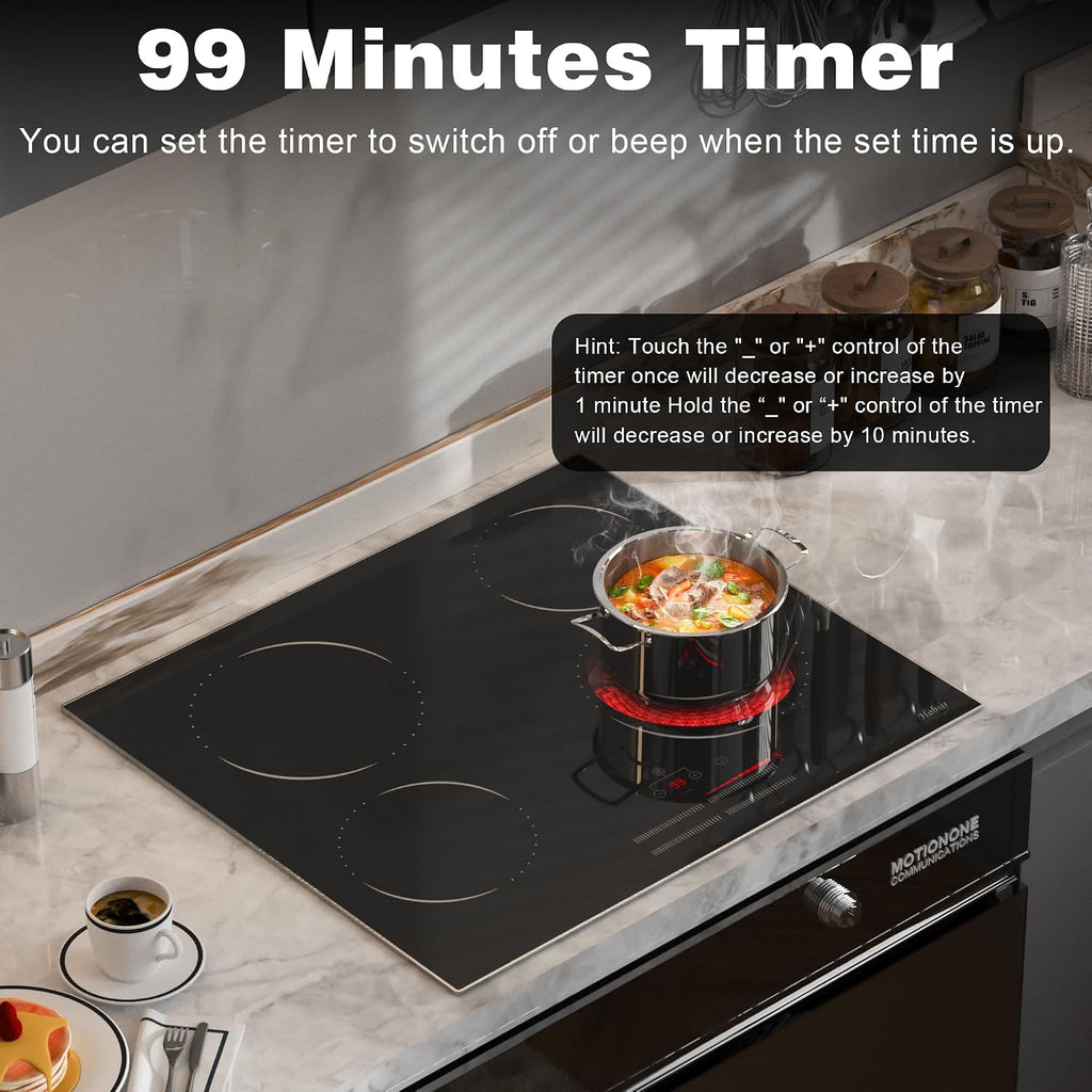 Hobsir 24 Inch Electric Cooktop 4 Burner 6000W, 24' Radiant Electric Stove Top, Built-in Ceramic Stove Top with Sliding Control, Timer, Safety Lock, 9 Power Levels, 220V-240V Hard Wire (No Plug)