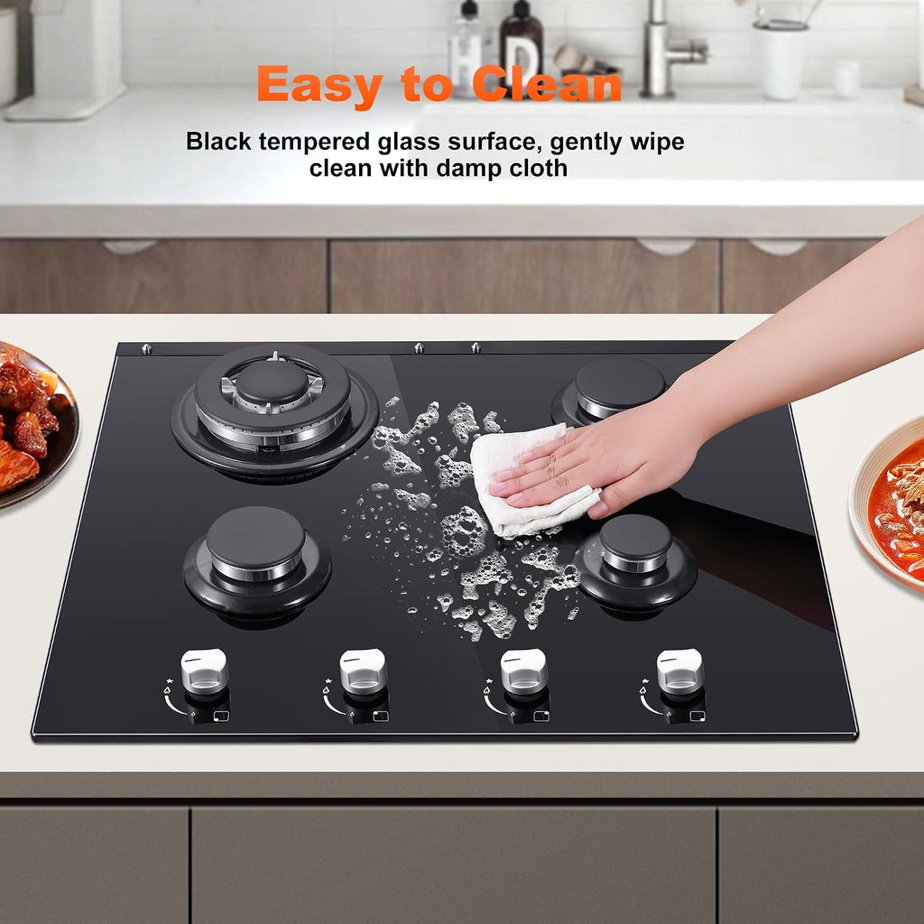 Gas Stove Top 24 Inch, Amzgachfktch Built-in Gas Cooktop 4 Burner, Black Tempered Glass Stove with NG/LPG Conversion Kit, Kitchen Propane Cooktop with Thermocouple Protection