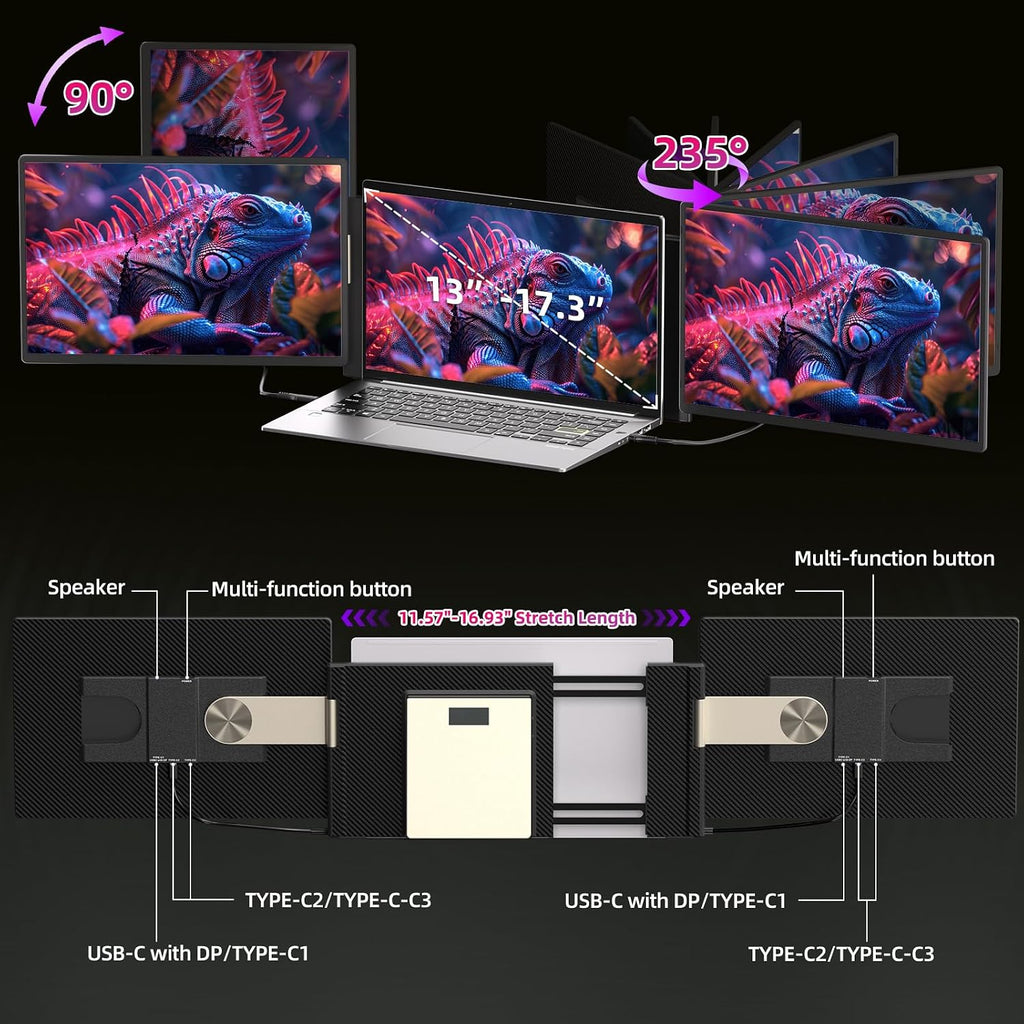 Triple Laptop Screen Extender, 16' Triple Screen Laptop Monitor Extender, FHD 1200P IPS Triple Monitor, 235° Rotation Plug&Play for Multi-Screen Work/Travel/Conference/Study