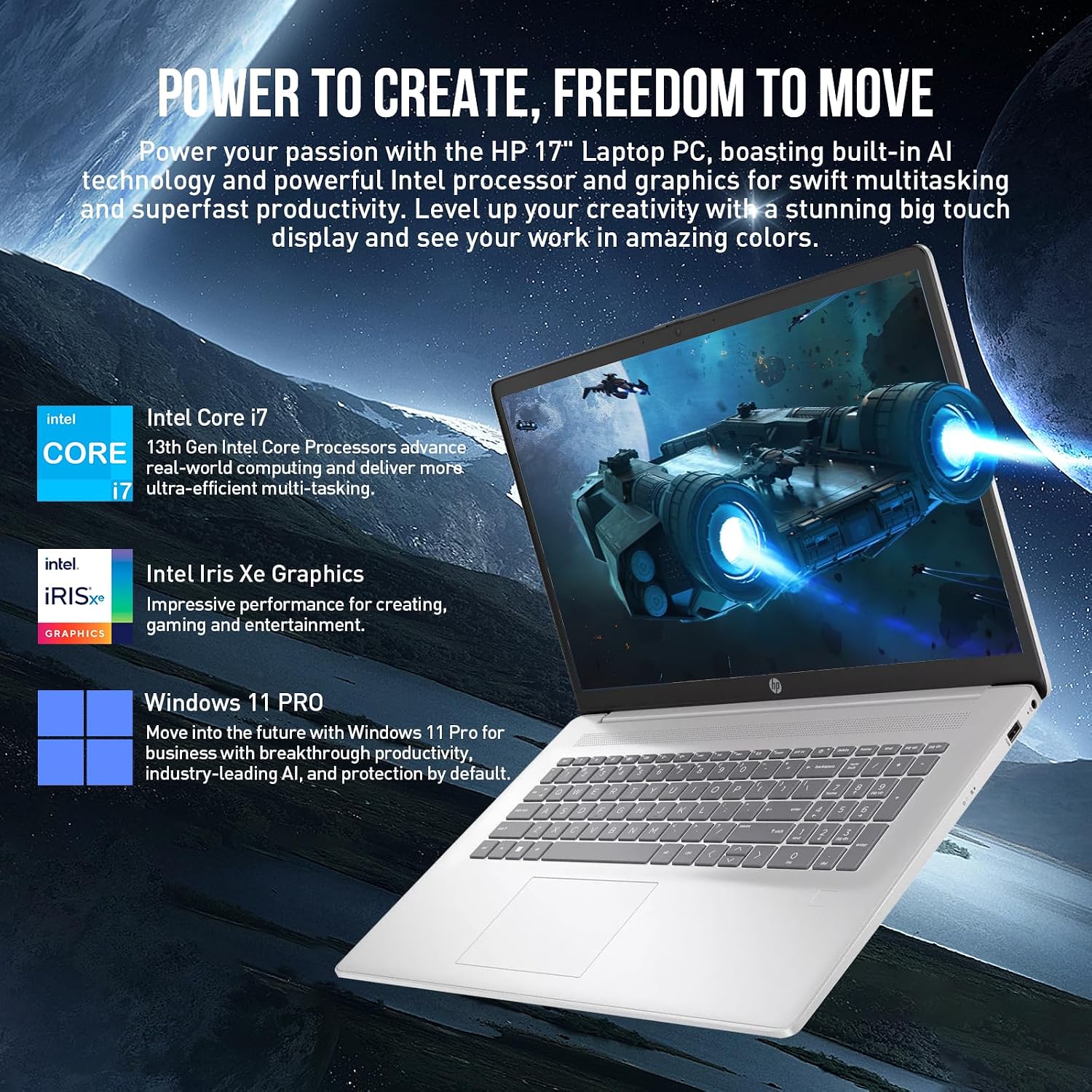 HP 17 Inch Laptop Touchscreen Computer, 17.3' HD+ Touch Screen Business Laptop PC, Intel Core i7,Windows 11 Pro, Backlit 10-Key, Fingerprint, 16GB RAM 512GB SSD