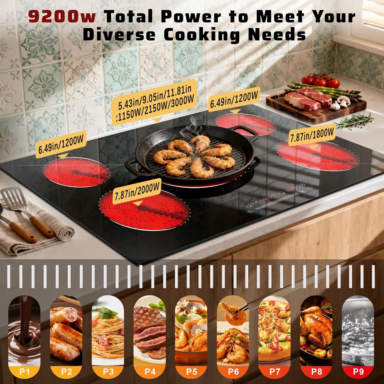 36 Inch Electric Cooktop 5 Burner Electric Stove Top 9200W, Triple‑Ring Central Burner, 9‑Level Slide Control, Touch Control with Safety Lock, 99‑Mins Timer, Pause, Built‑In Size 34.25×19.29 Inch