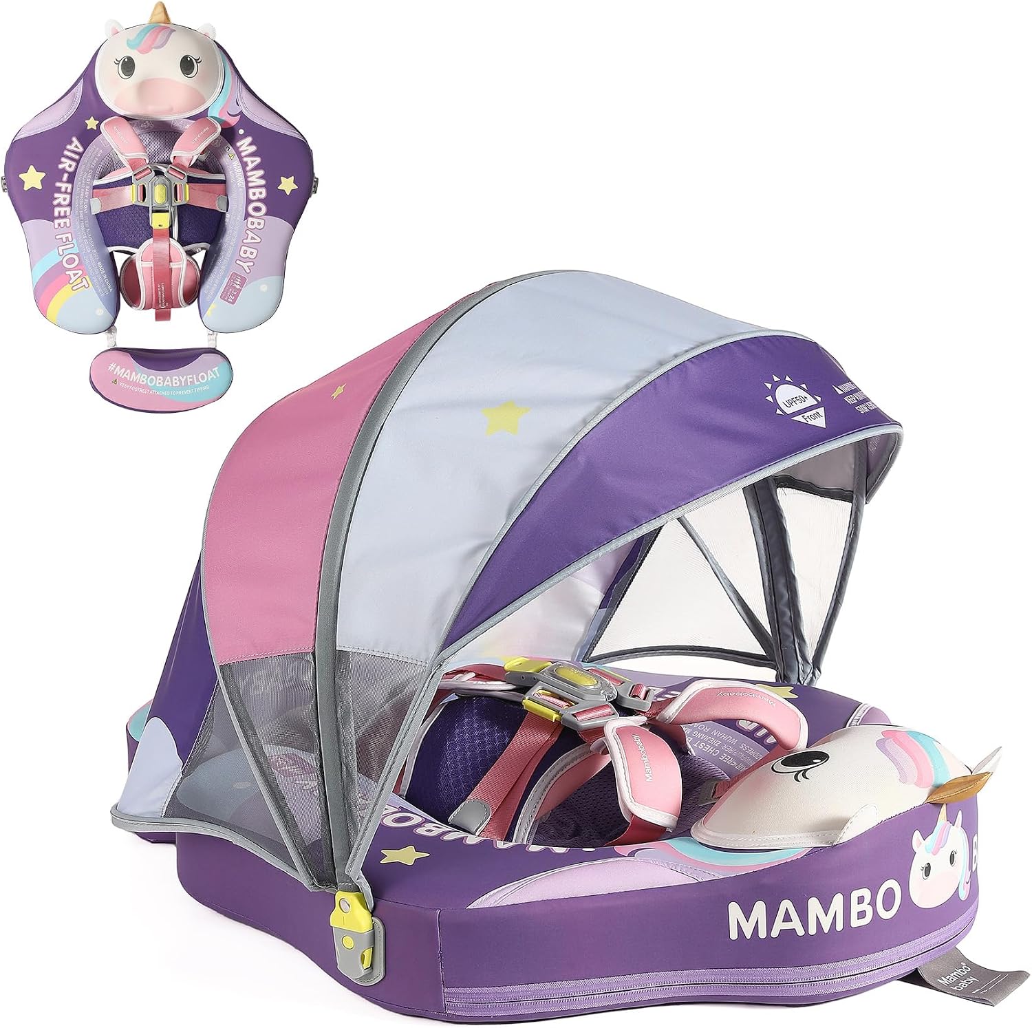 Mambobaby Float Deluxe Baby Pool Float: Safe & Comfortable Swim Trainer for Infants & Toddlers, Non-Inflatable Design, UV Protection Canopy, Fun Water Experience for Ages 3-24 Months