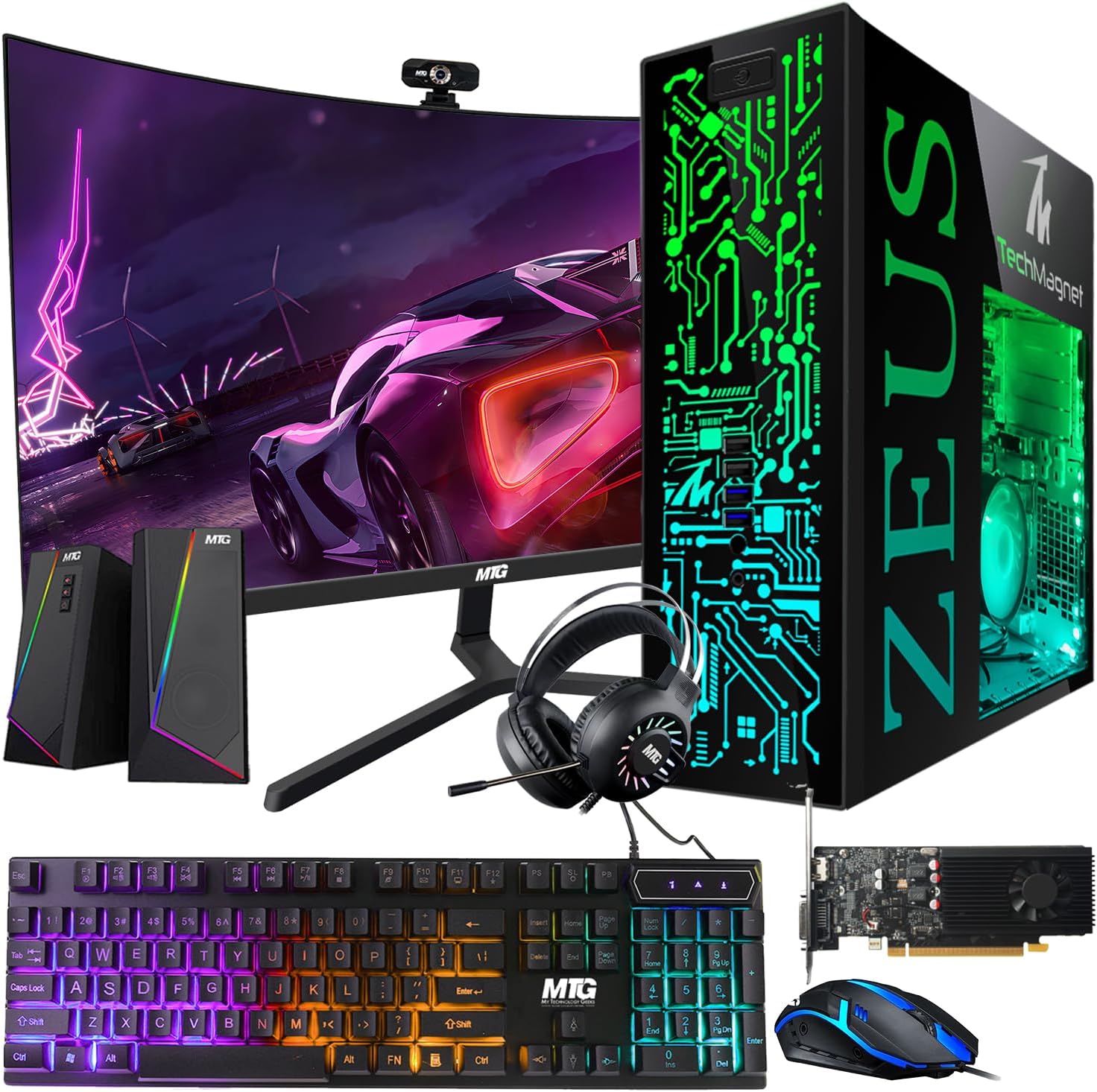 TechMagnet Gaming Desktop PC, Intel i5 4th Gen, Zeus Pro 4, GT 1030 2GB DDR5, 8GB RAM ARGB, 256GB SSD + 1TB HDD, MTG 24 Inch Curved Gaming Monitor, RGB Kit, Windows 11 (Renewed)