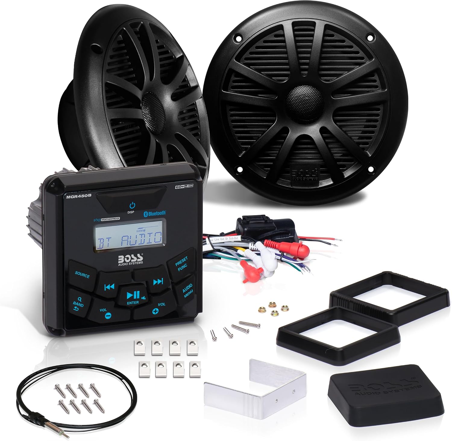 BOSS Audio Systems MCKGB450B.6 6.5 Inch Speakers & Marine Boat Gauge Stereo - Bluetooth Head Unit, No CD DVD Player, AM/FM Radio Receiver, NOAA Weather Band, IPX6 Weatherproof, USB