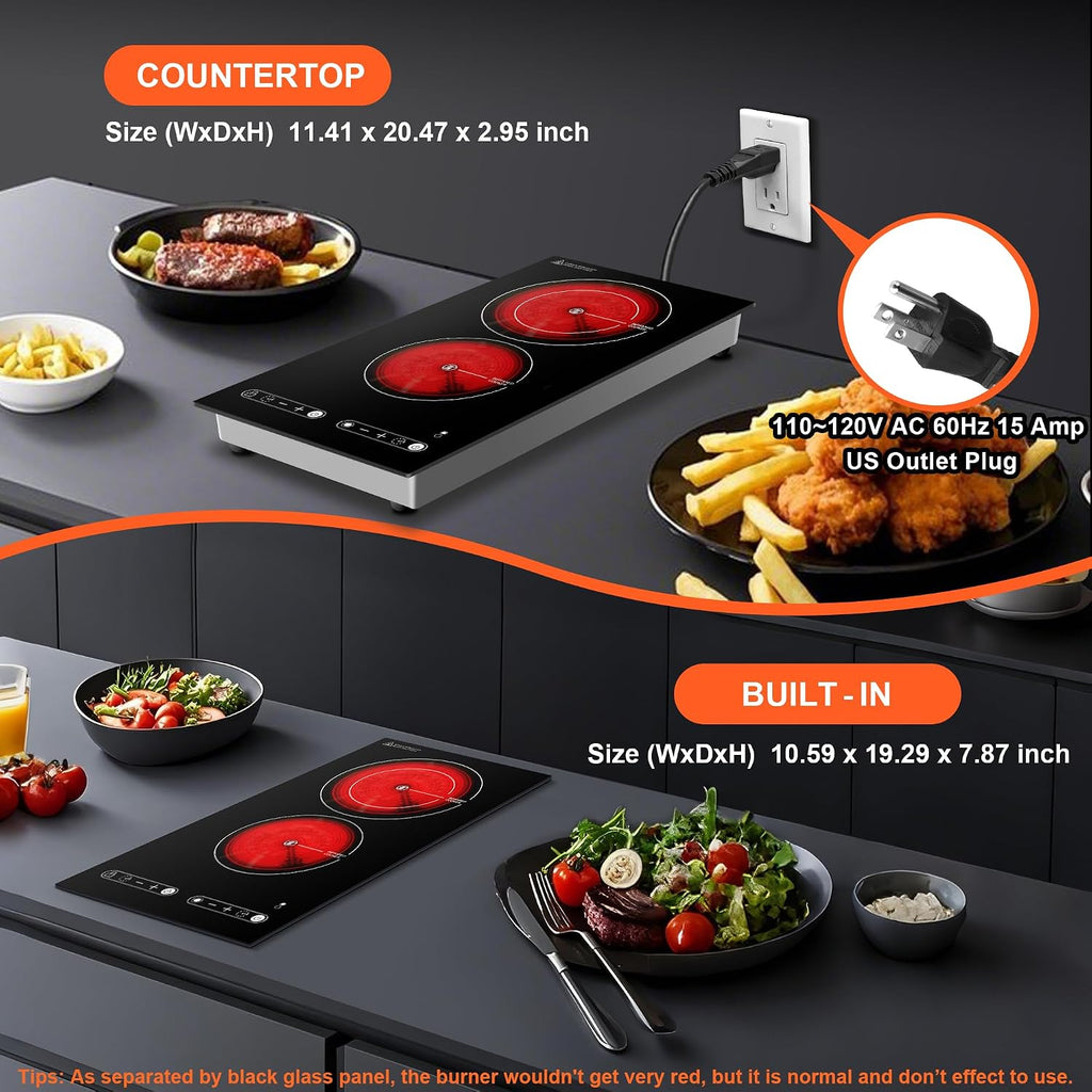 Dual Coil Design of Infrared Double Burner, 1800W Electric Ceramic Hot Plate for Cooking, 2 Burner Cooker Portable Countertop or 12inch Built-in Cooktop Radiant Stove Top, Compatible with All Cookware