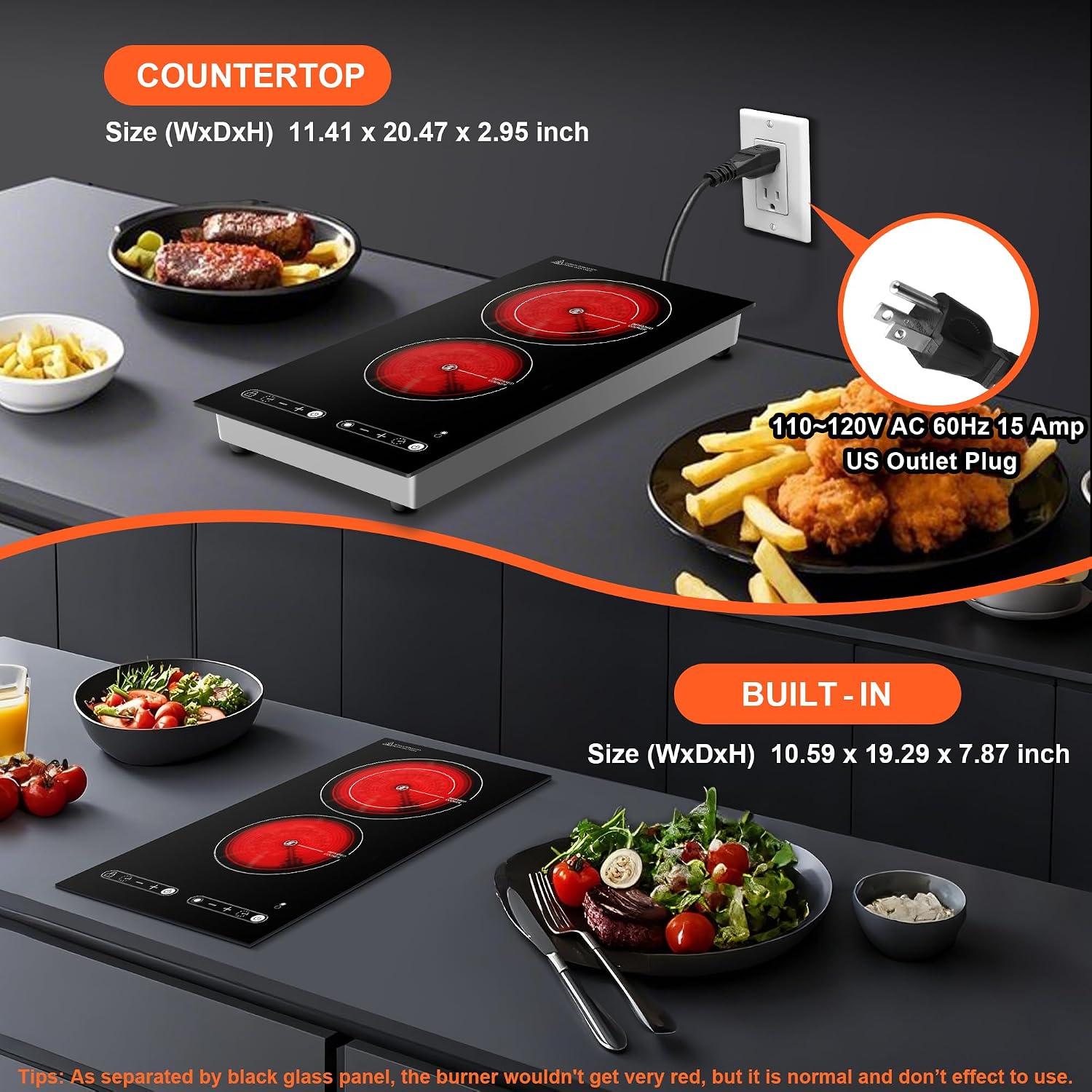 Dual Coil Design of Infrared Double Burner, 1800W Electric Ceramic Hot Plate for Cooking, 2 Burner Cooker Portable Countertop or 12inch Built-in Cooktop Radiant Stove Top, Compatible with All Cookware
