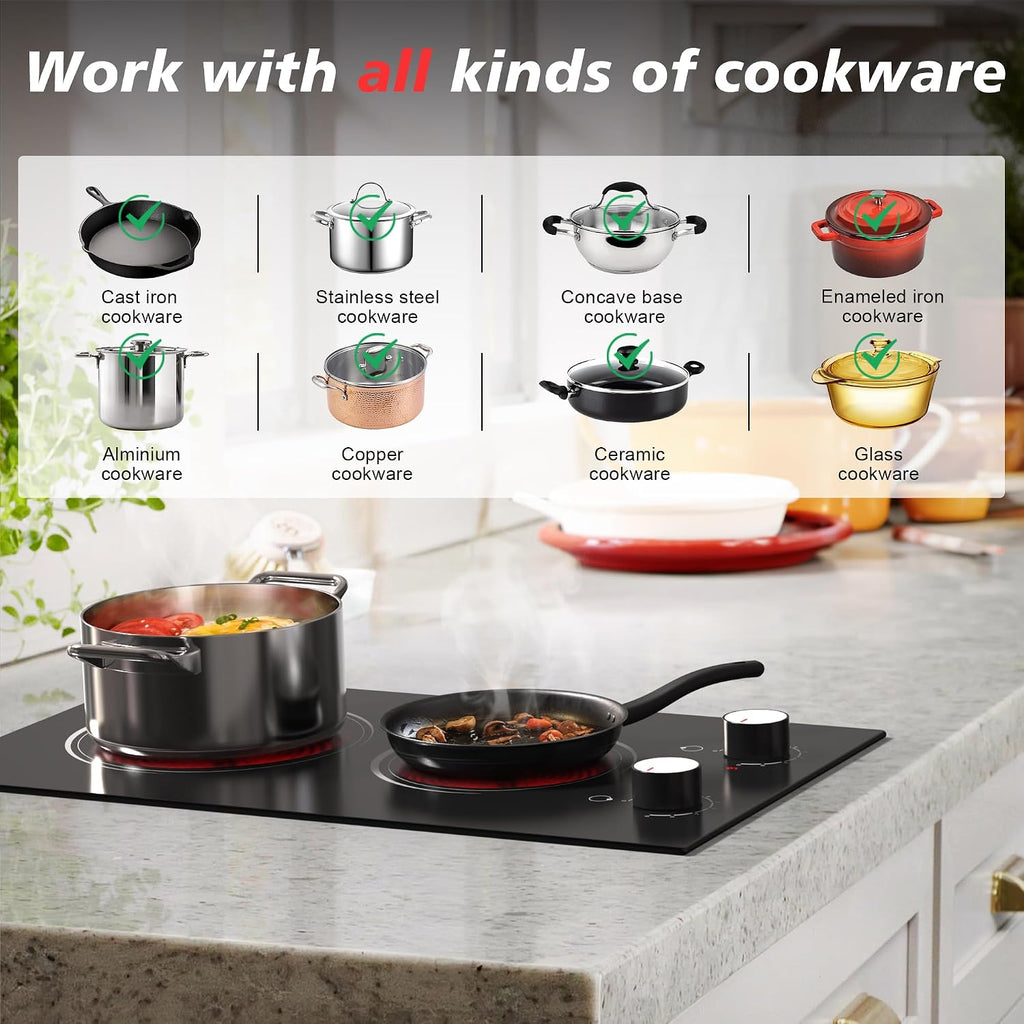 Electric Cooktop 2 Burner, 110V Electric Stove Top 2000W with Knob Control, 12 Inch Electric Radiant Cooktop Countertop & Built-in, Residual Heat Indicator, Over-Heat Protection, Plug in