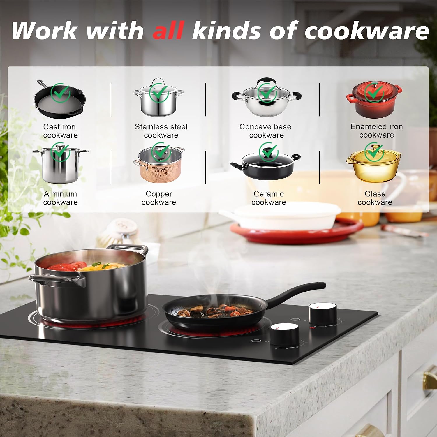 Electric Cooktop 2 Burner, 110V Electric Stove Top 2000W with Knob Control, 12 Inch Electric Radiant Cooktop Countertop & Built-in, Residual Heat Indicator, Over-Heat Protection, Plug in