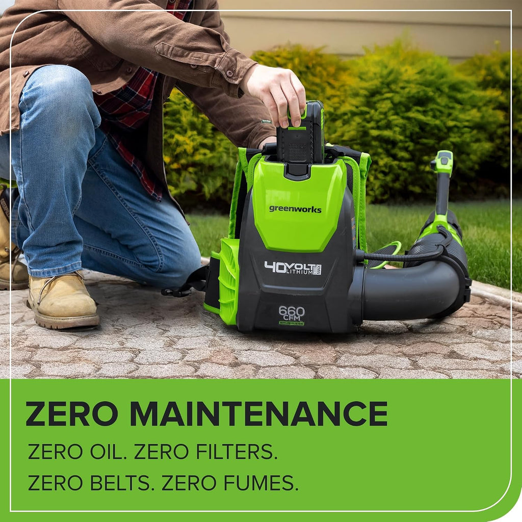 Greenworks 40V (660 CFM / 165 MPH) Brushless Backpack Leaf Blower, High Power for Yards, Driveways, Patios, Includes 5.0Ah Battery & 5A Rapid Charger