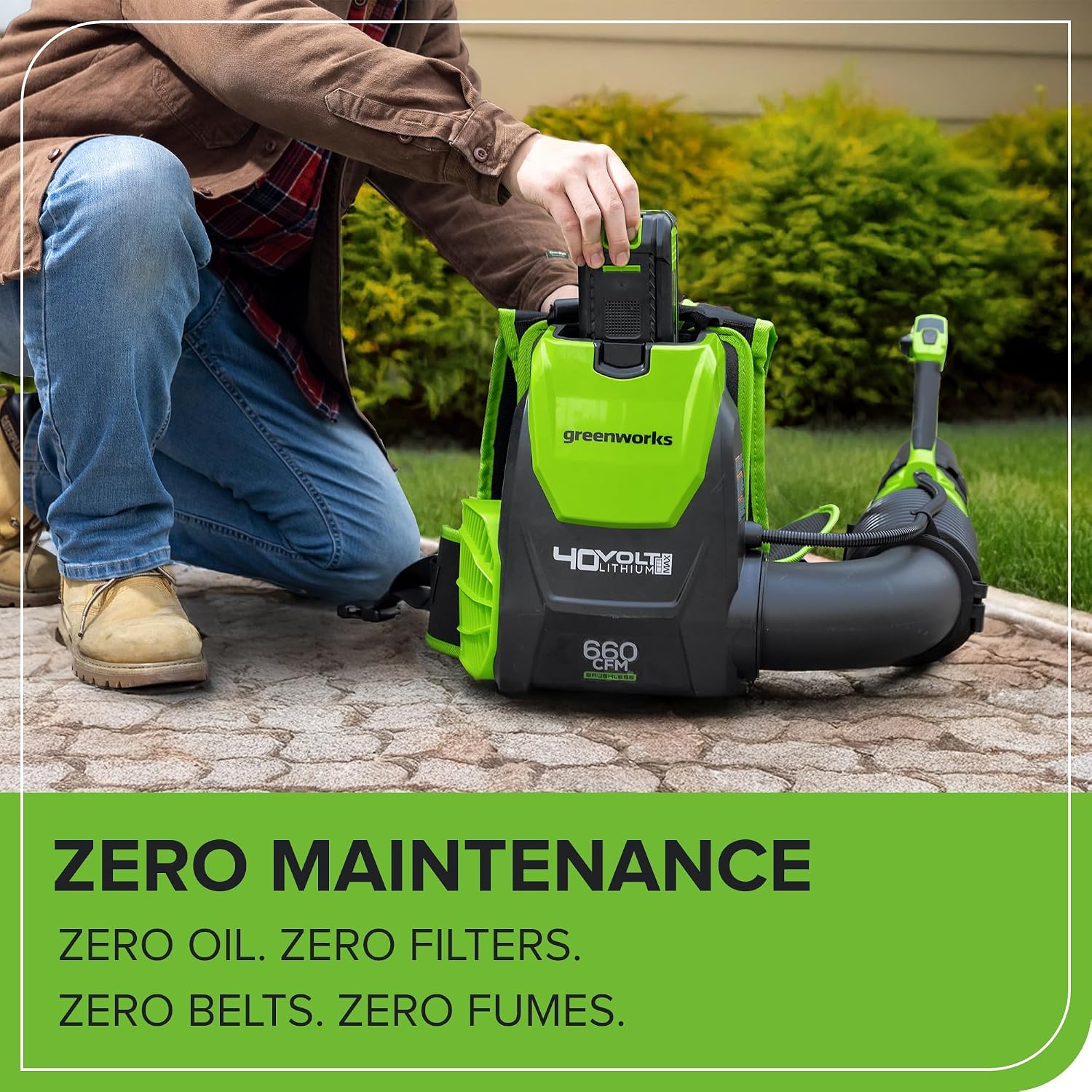Greenworks 40V (660 CFM / 165 MPH) Brushless Backpack Leaf Blower, High Power for Yards, Driveways, Patios, Includes 5.0Ah Battery & 5A Rapid Charger