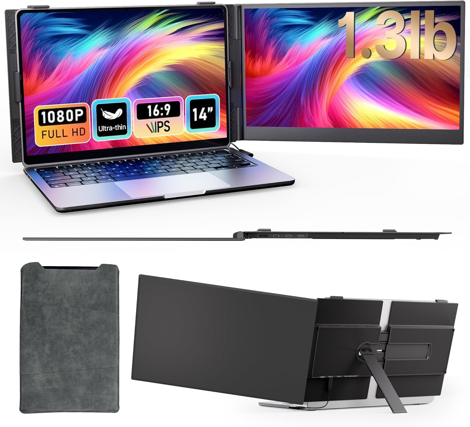 BOSII Laptop Screen Extender Portable - Ultra-Thin 14' FHD Dual Extended Monitor Display Travel Work for 14-17' Laptops Compatible with Windows/Mac
