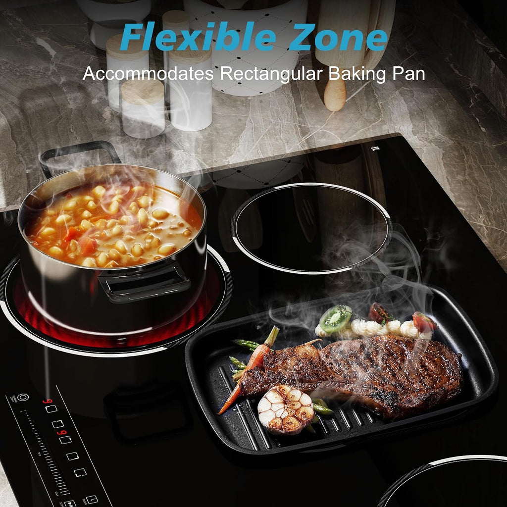 5 Burner Electric Cooktop, 30 Inch 8400W Built-in Electric Stovetop, Glass Ceramic Cooktop with Expanded Zone, Slide Touch Control, Child Lock, Timer, Pause, 220V - 240V Hard Wire, No Plug