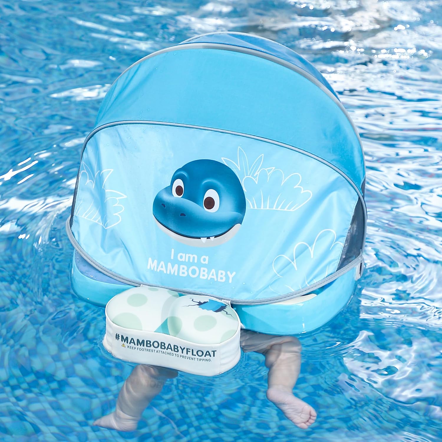 Mambobaby Float Upgrade Add Tail Baby Float with Canopy for Infant Waist Swimming Ring Swim Trainer Non-Inflatable Floats Toys with Adjustable Safety Strap (Blue - Dinosaur)