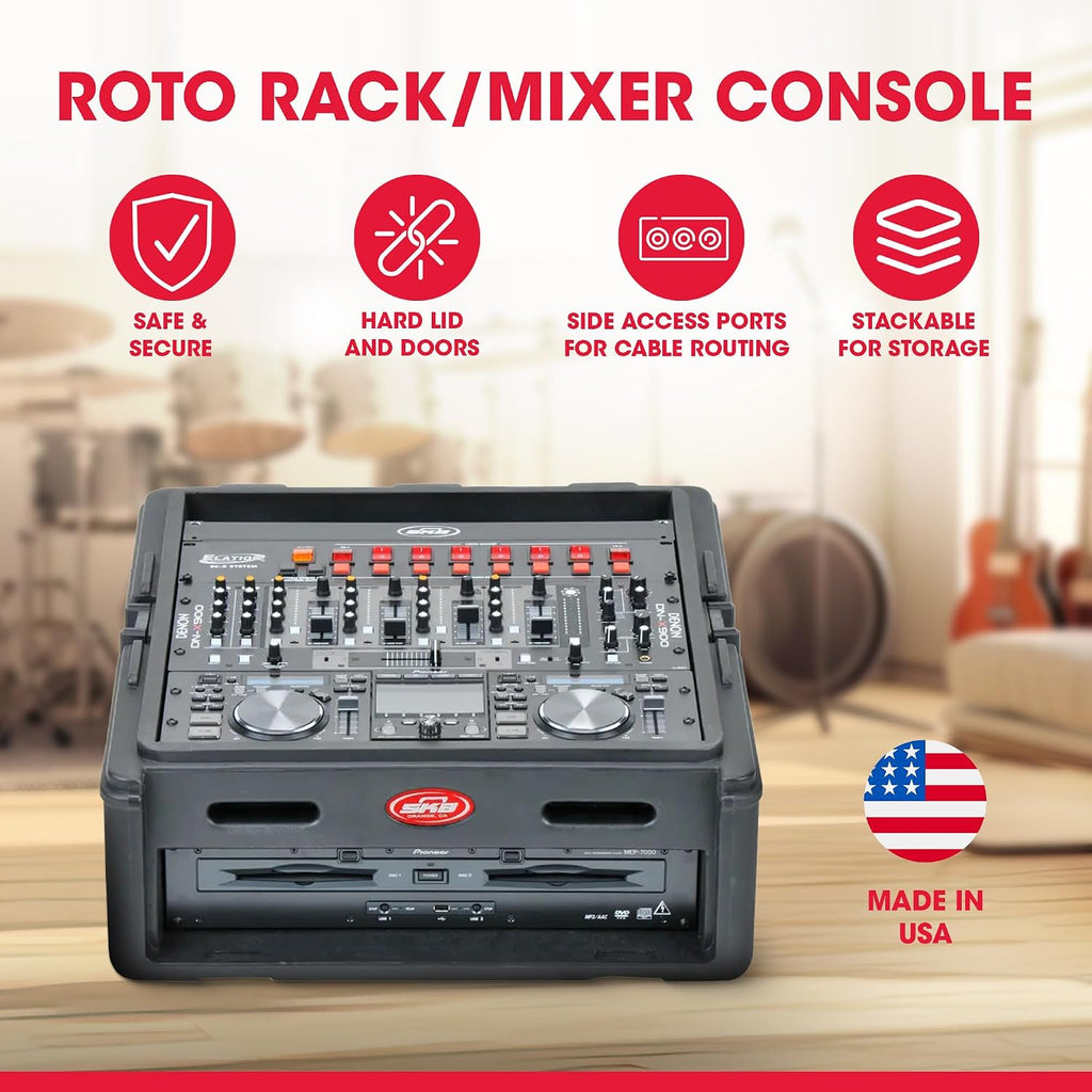 SKB Roto Rack/Mixer Console, 10U Slanted Rackmount on top, 2U Rackmount in Front with Steel Threaded Rails, Hard Lid and Doors and Side Access Ports