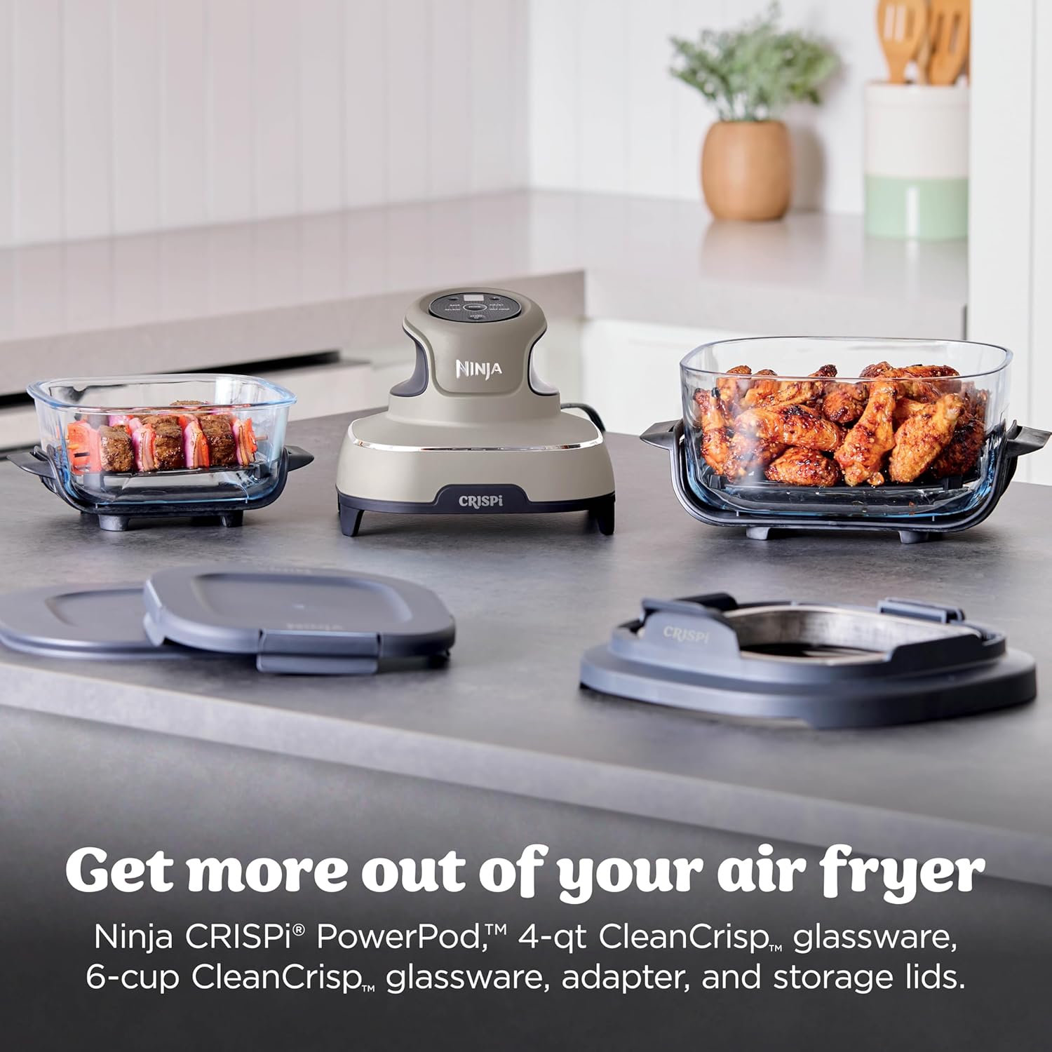 Ninja Crispi 4-in-1 Glass Air Fryer | With Non-Toxic 4QT & 6-Cup Glass Containers & Lids | Microwave, Freezer, Dishwasher Safe | 450°F Max Temp |1500 Watt | Stone | FN101ST