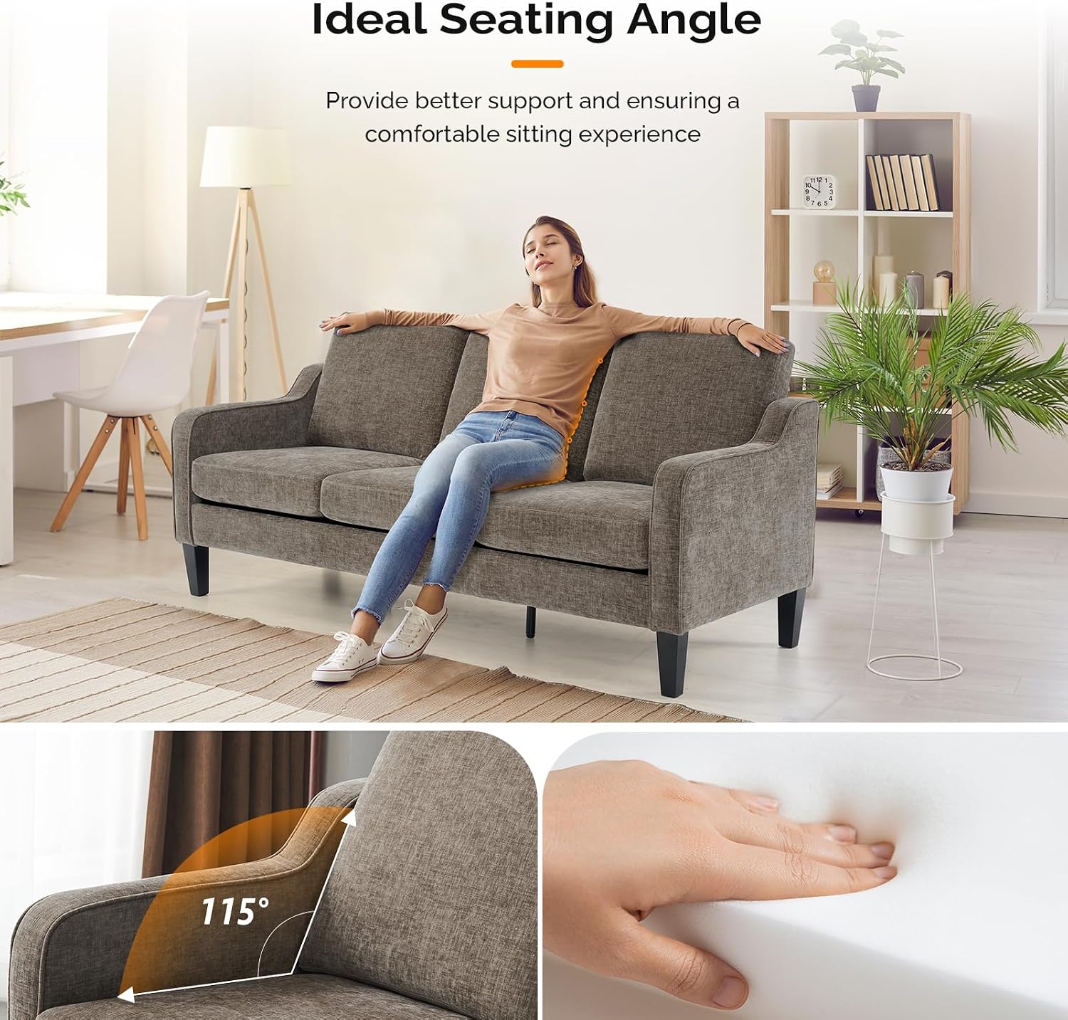 VINGLI Couches for Living Room, Brown 71' Small Sofa Mid Century Modern Couches 3 Seater Comfy Couch Upholstered Soft Chenille Floor Couch for Bedroom, Apartment, Office