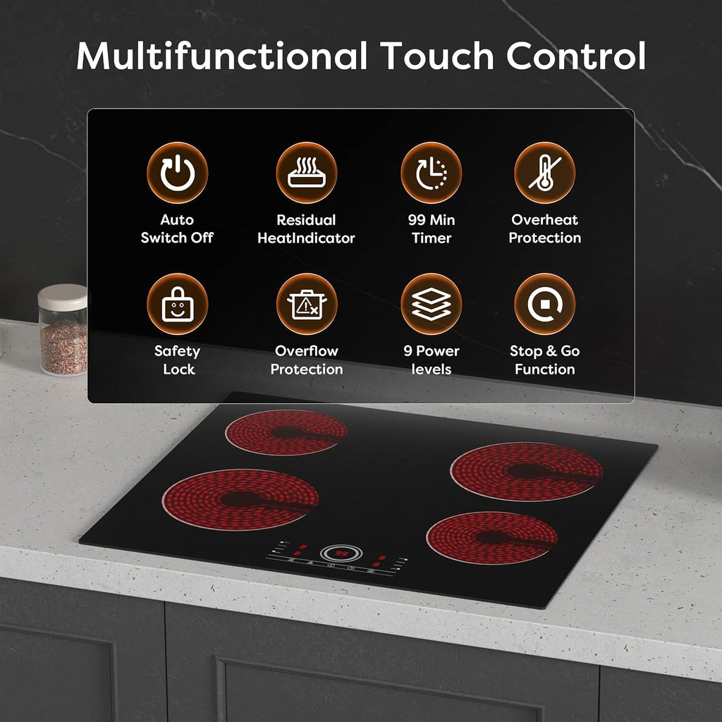 4 Burner Electric Cooktop, 24 Inch Built-in Electric Stove Top, 220-240v Radiant Cooktop with Child Lock, Touch Control, Residual Heat Indicator, Overheat Protection, Hard Wire (No Plug)