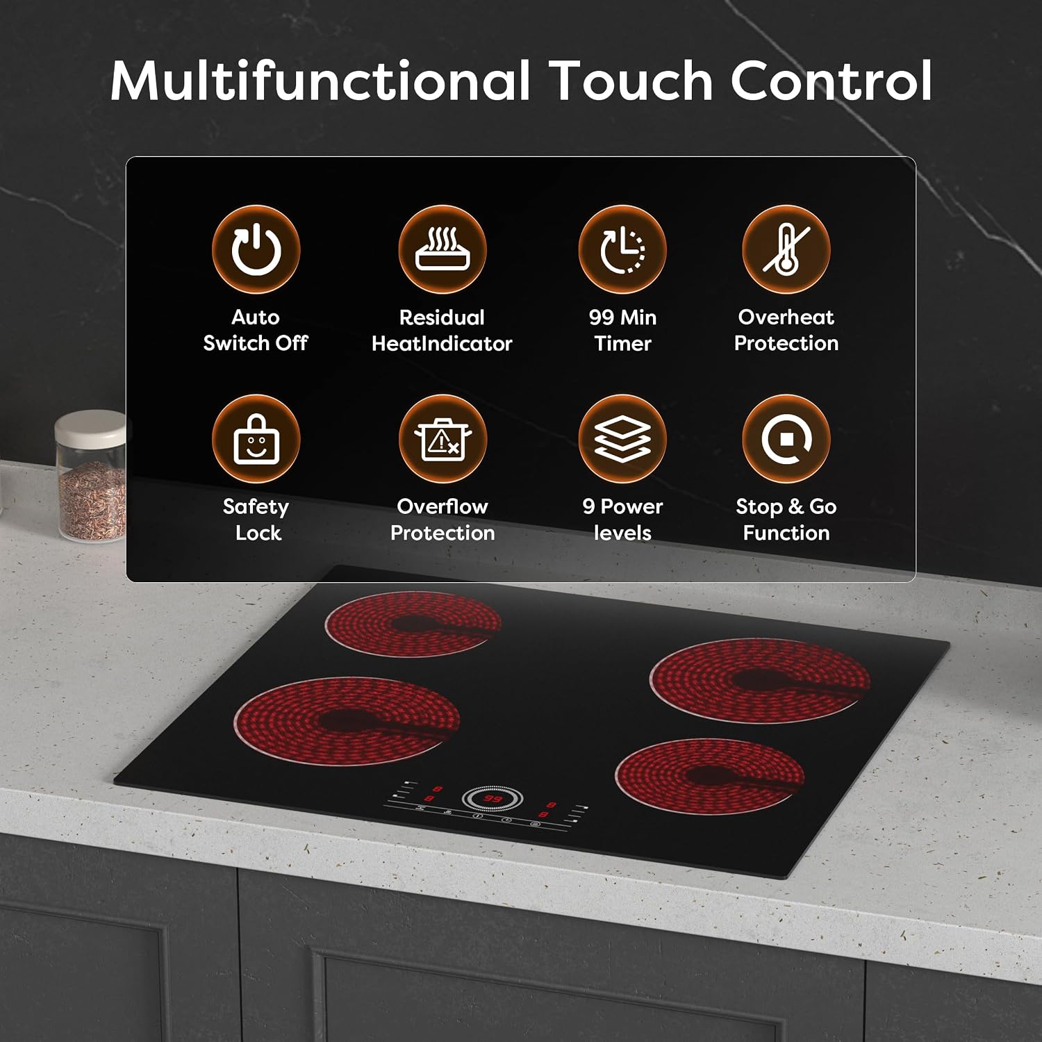 4 Burner Electric Cooktop, 24 Inch Built-in Electric Stove Top, 220-240v Radiant Cooktop with Child Lock, Touch Control, Residual Heat Indicator, Overheat Protection, Hard Wire (No Plug)