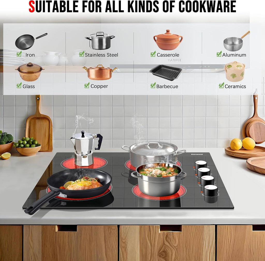 Karinear 24 Inch Electric Cooktop 4 Burners Electric Stove, Knob Control,6000W, Built-in Radiant Hob,Residual Heat Indicator, Overheat Protection,Hardwired 220V Radiant Ceramic Stove (White Knob)
