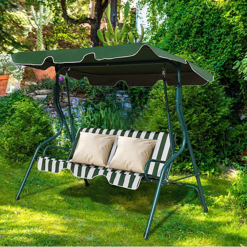 3-Seater Canopy Swing Chair, Waterproof Outdoor Swing Cushioned Seat with Adjustable & Removable Canopy, Steel Frame Polyester Fabric Oxford Cloth Patio Hammock Cover Top (Green)